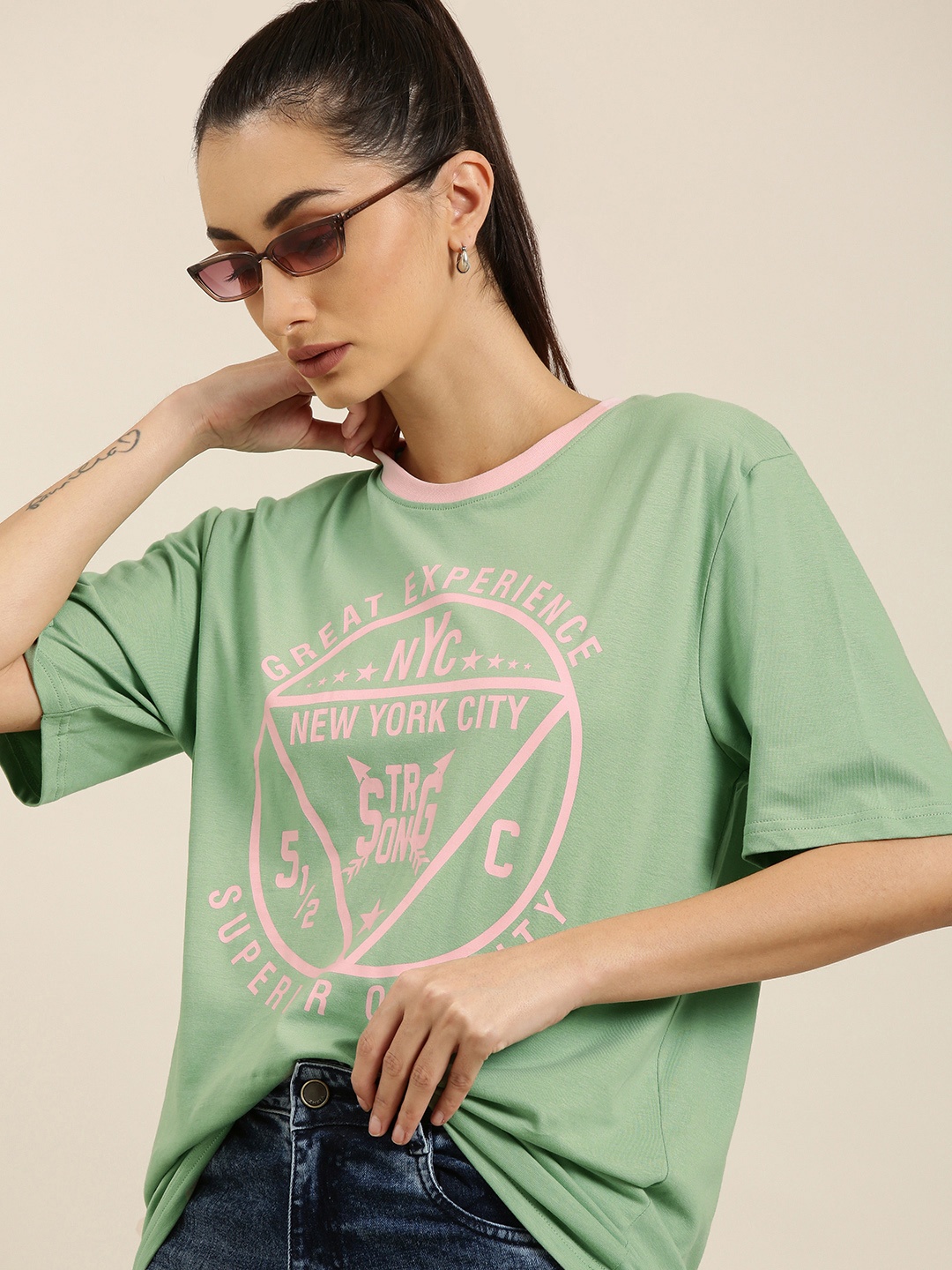 

DILLINGER Women Green Typography Printed Pure Cotton Oversized T-shirt