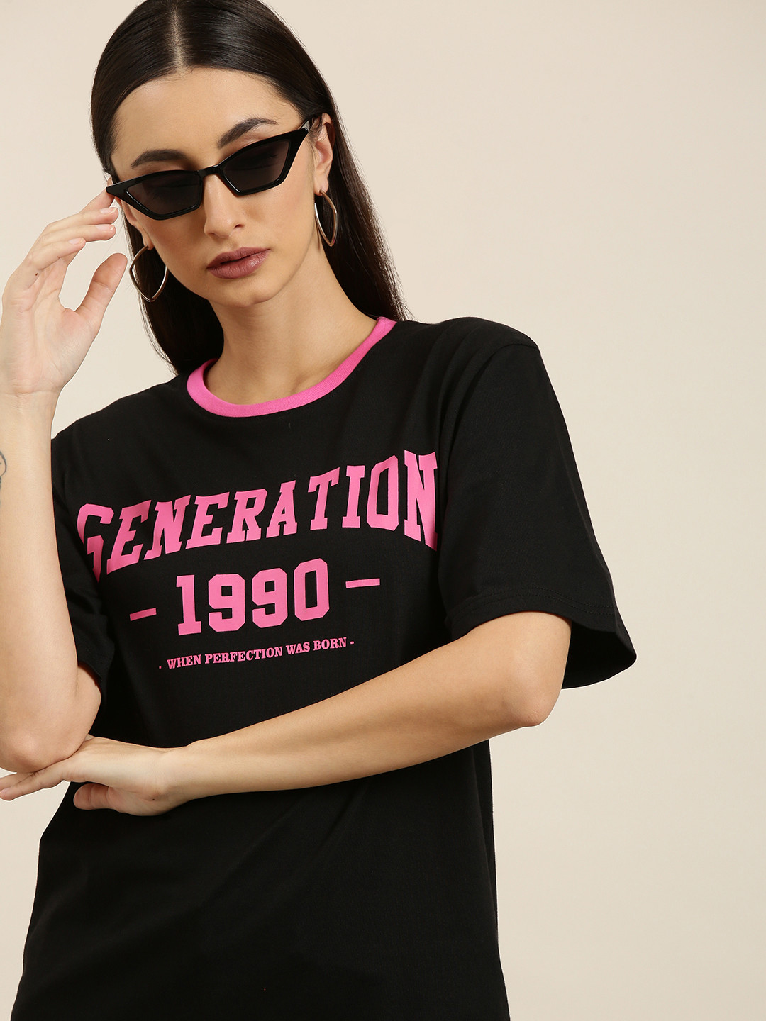 

DILLINGER Women Black Typography Printed Pure Cotton Oversized T-shirt