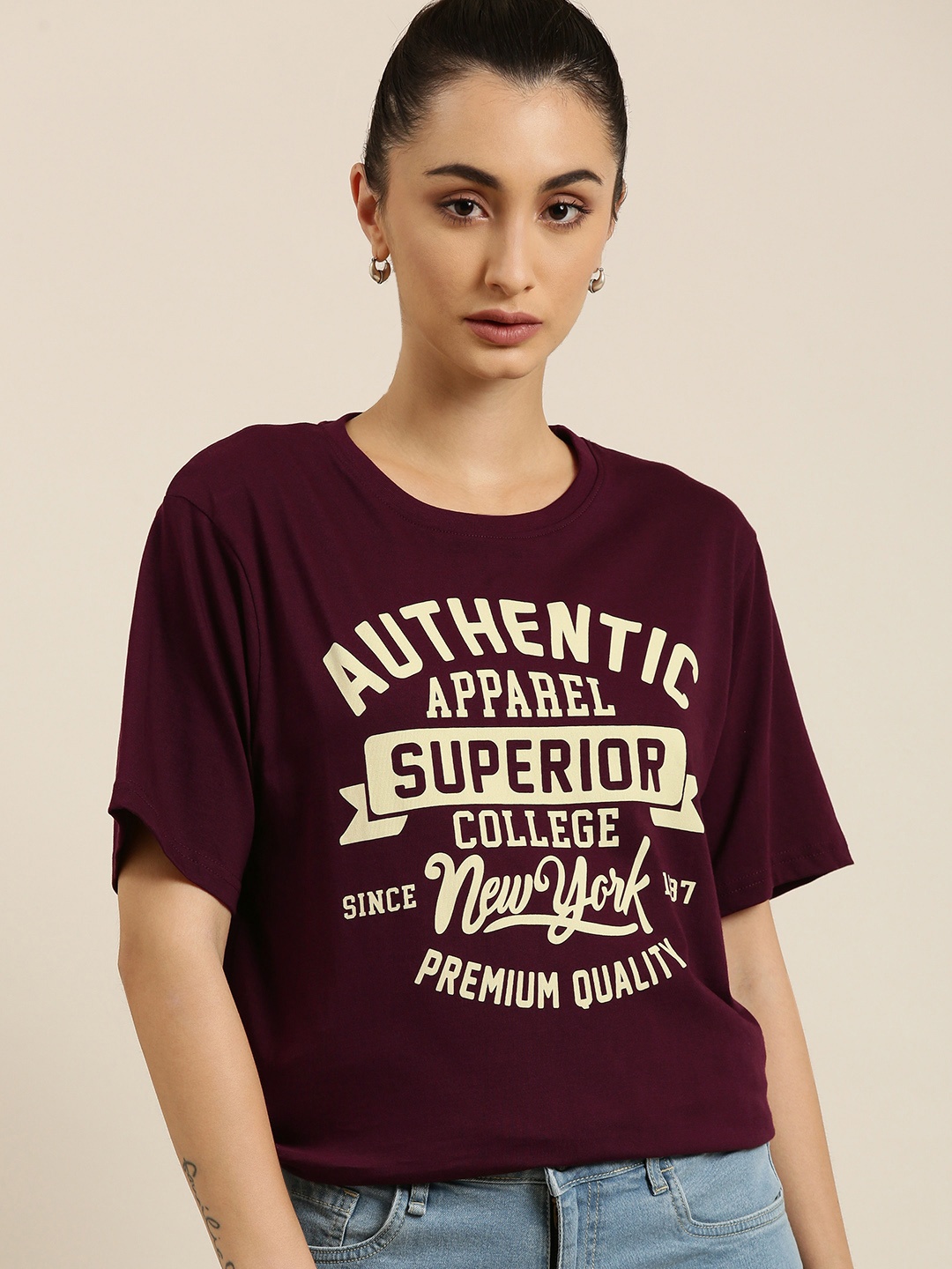 

DILLINGER Women Maroon Typography Printed Pure Cotton Oversized T-shirt