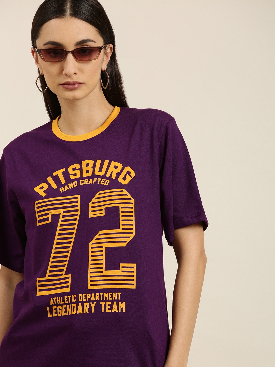 

DILLINGER Women Purple Varsity Printed Pure Cotton Oversized T-shirt