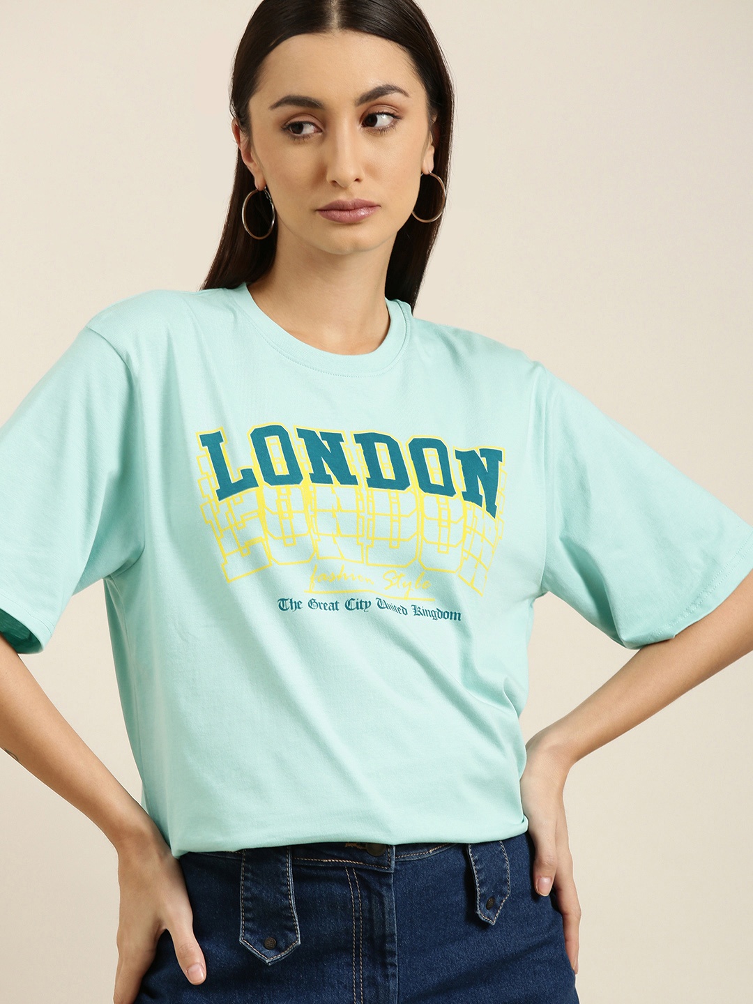

DILLINGER Women Blue Printed Pure Cotton Oversized T-shirt