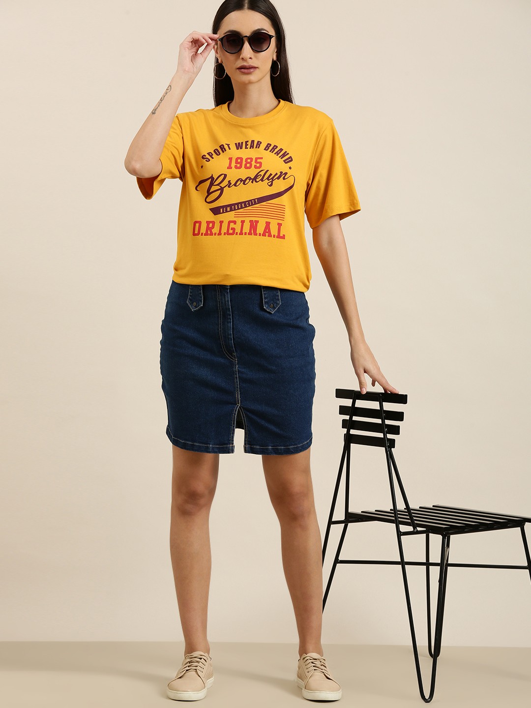 

DILLINGER Women Mustard Yellow Printed Pure Cotton Oversized T-shirt