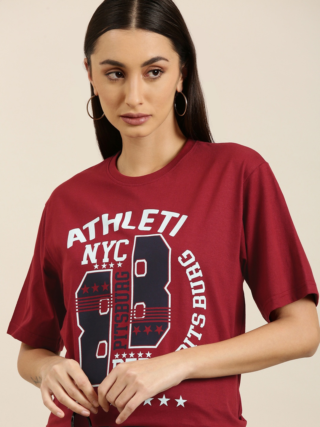 

DILLINGER Women Maroon Typography Printed Oversized T-shirt