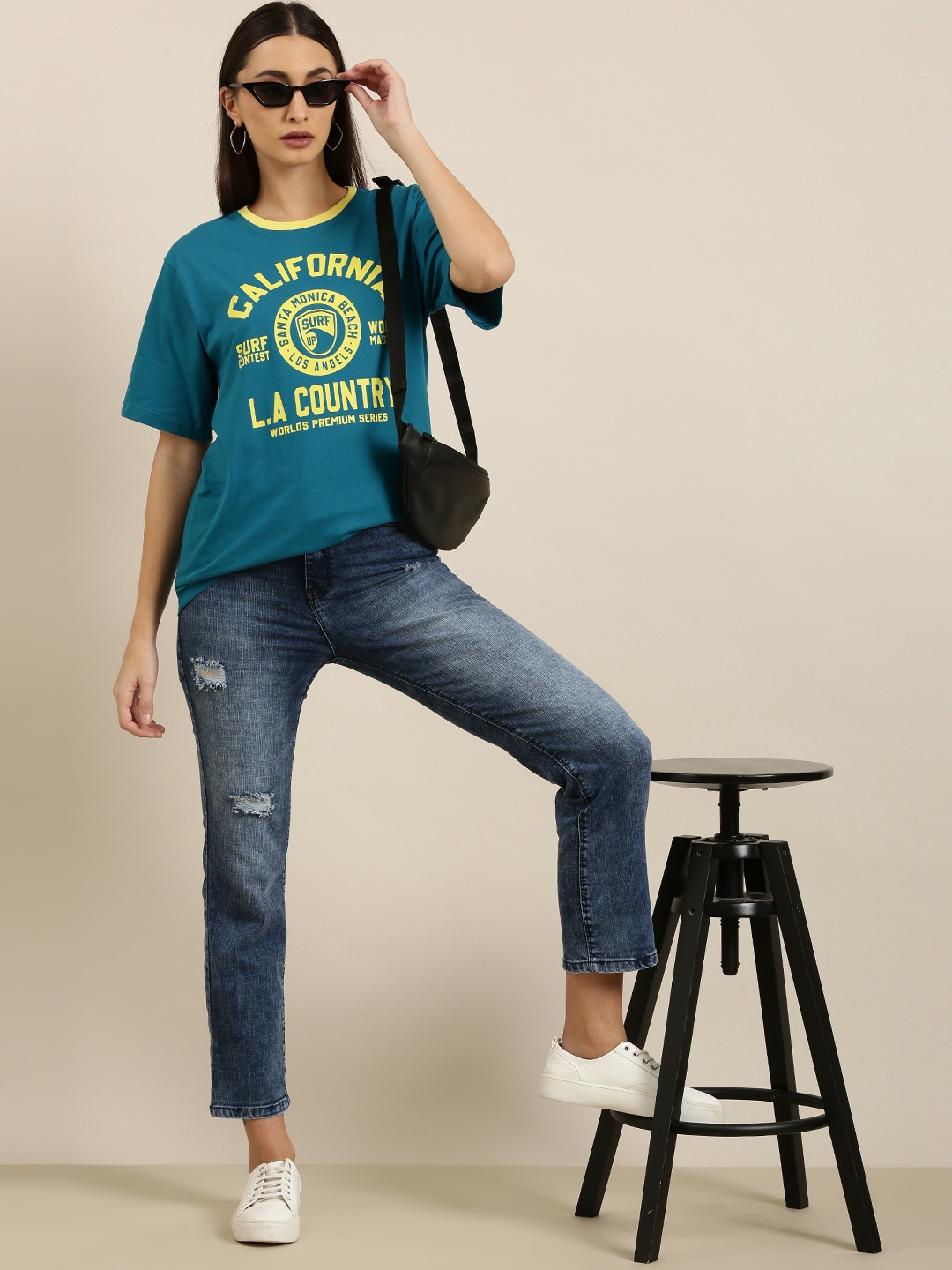 

DILLINGER Women Teal Blue Printed Pure Cotton Oversized T-shirt