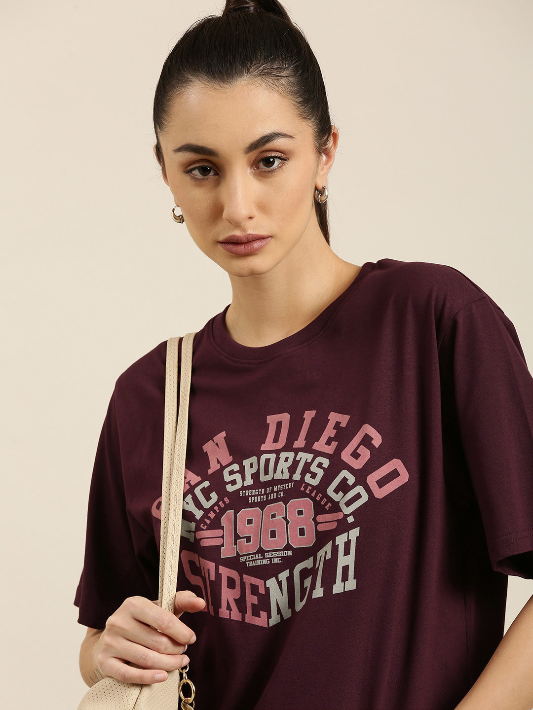 

DILLINGER Women Maroon Typography Printed Pure Cotton Oversized T-shirt