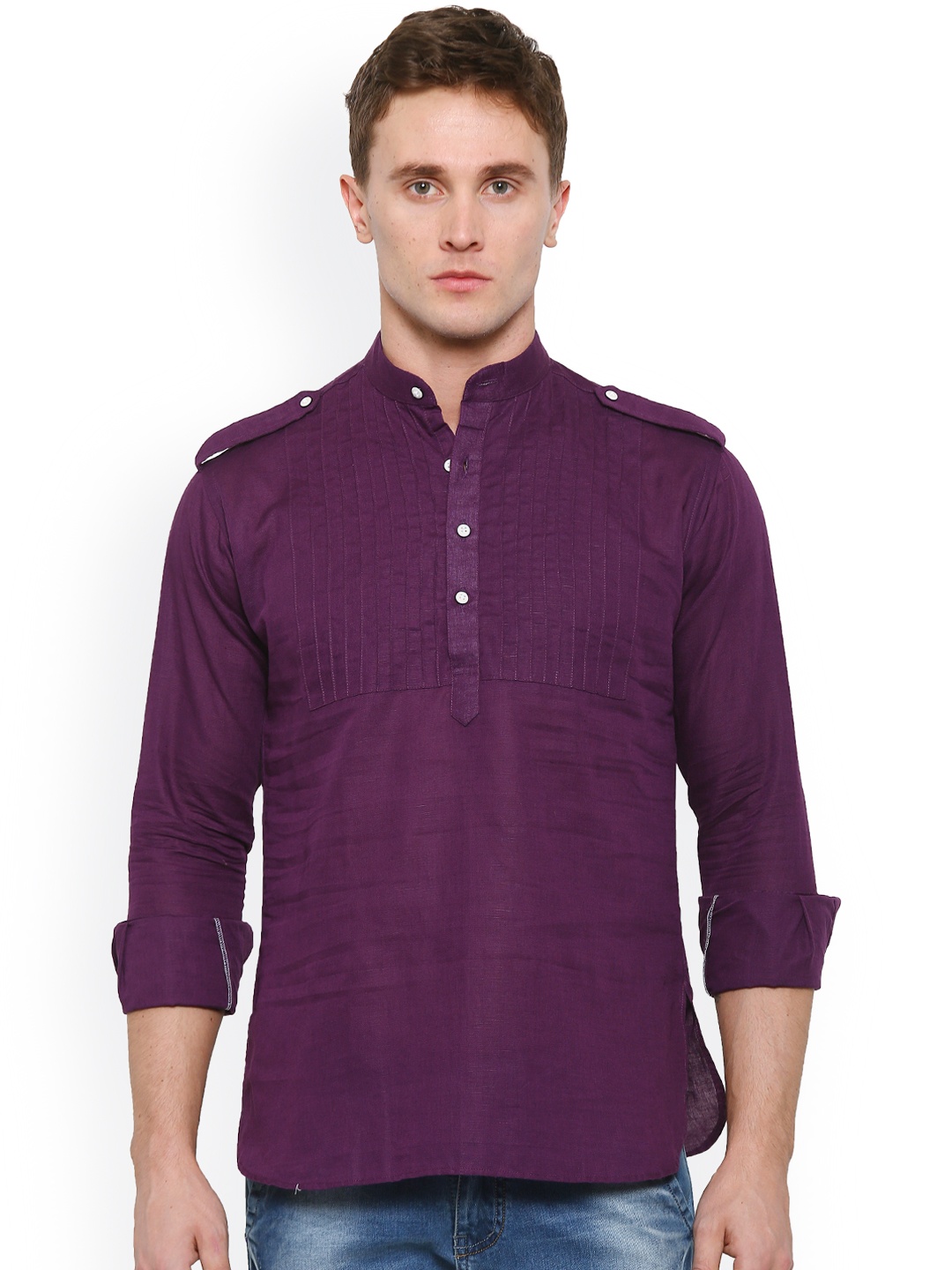 

Shaftesbury London Men Purple Solid Linen Pathani Kurta