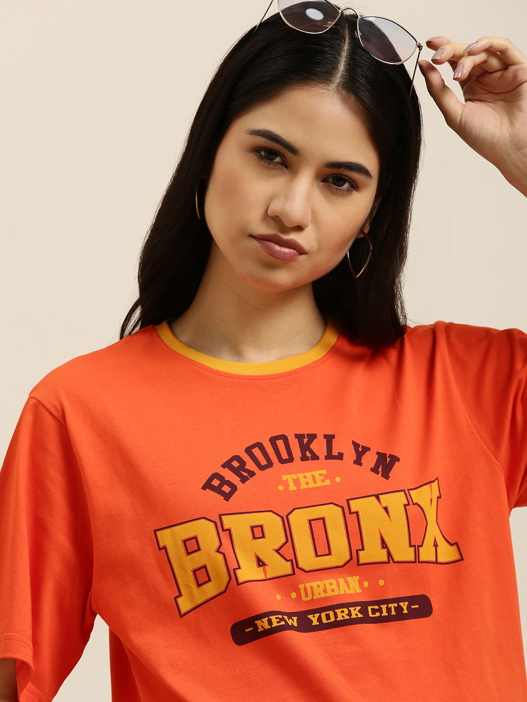 

DILLINGER Women Orange & Mustard Yellow Pure Cotton Printed Oversized T-shirt