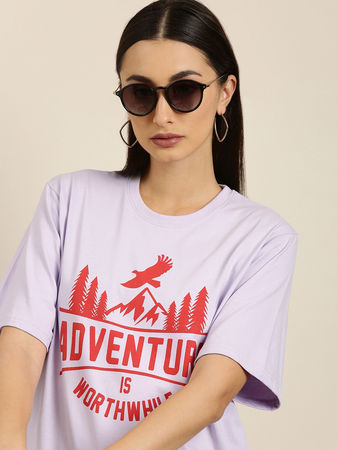 

DILLINGER Women Lavender Typography Printed Pure Cotton Oversized T-shirt