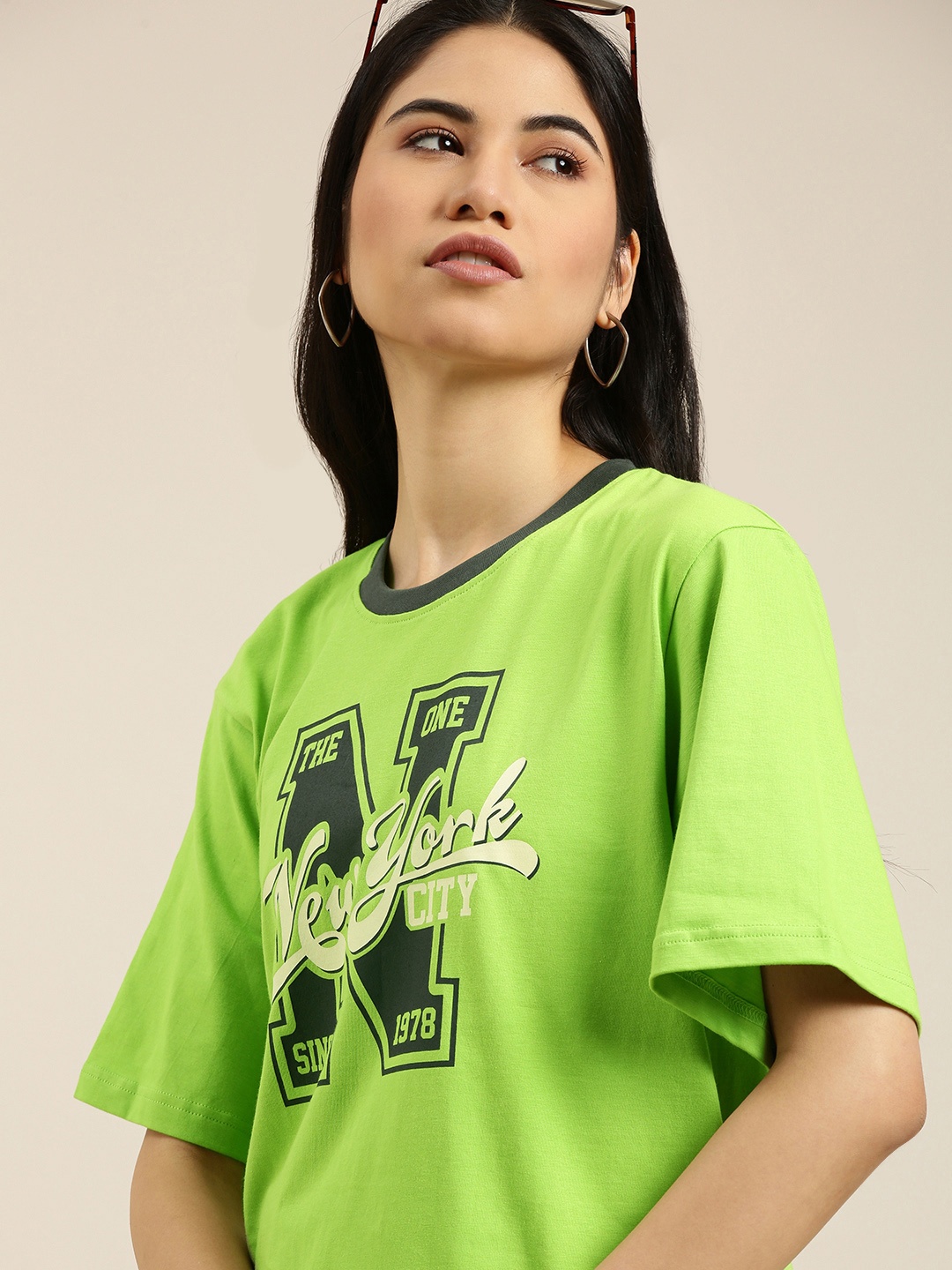 

DILLINGER Women Green & White Pure Cotton Typography Printed Oversized T-shirt