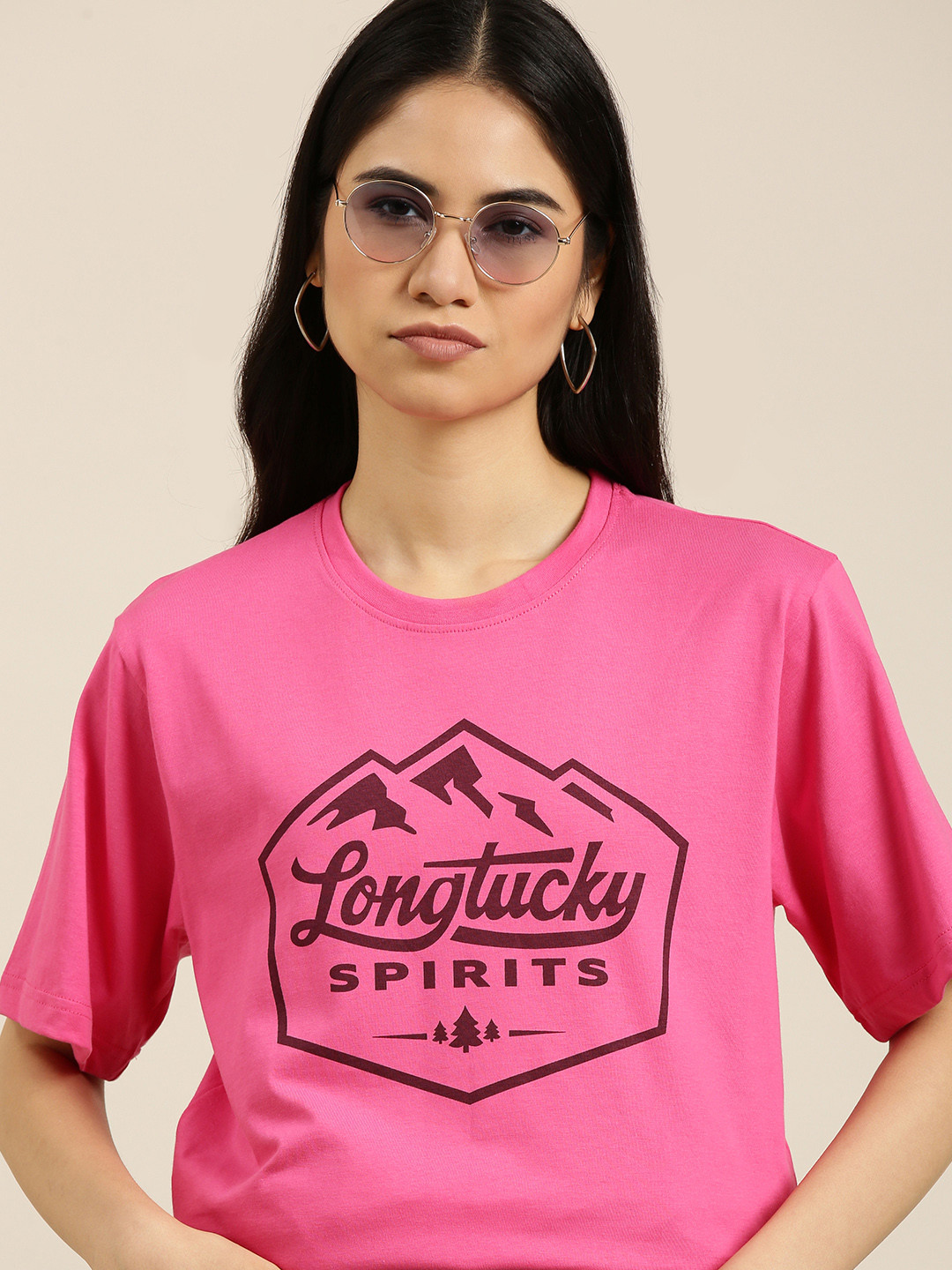 

DILLINGER Women Pink & Maroon Pure Cotton Typography Printed Oversized T-shirt