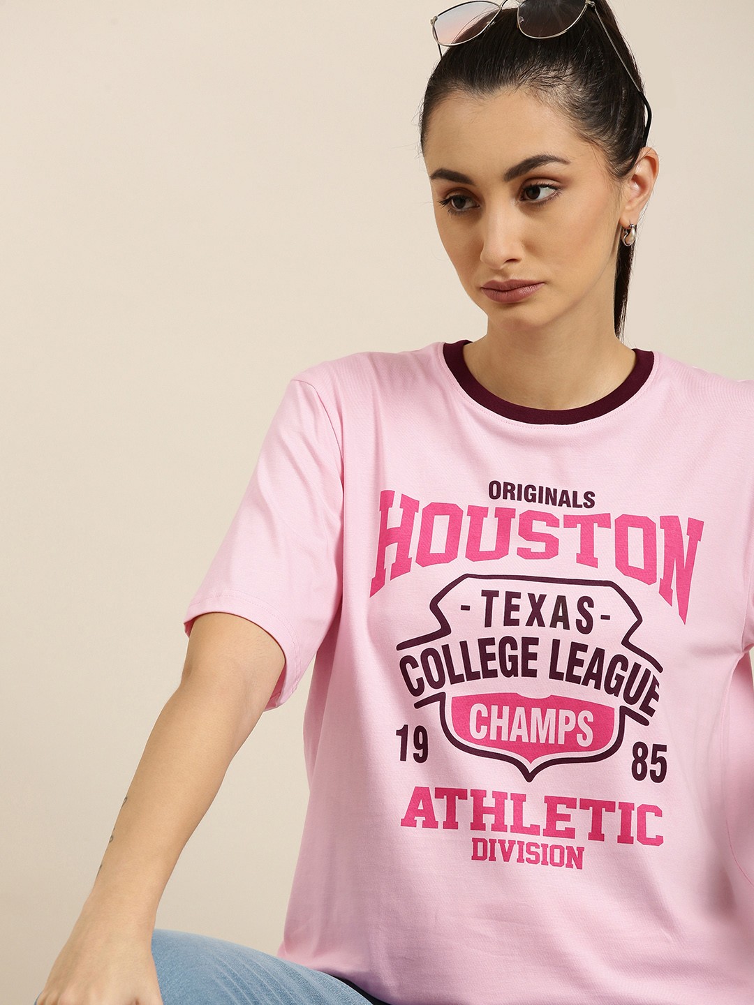 

DILLINGER Women Pink Typography Printed Pure Cotton Oversized T-shirt