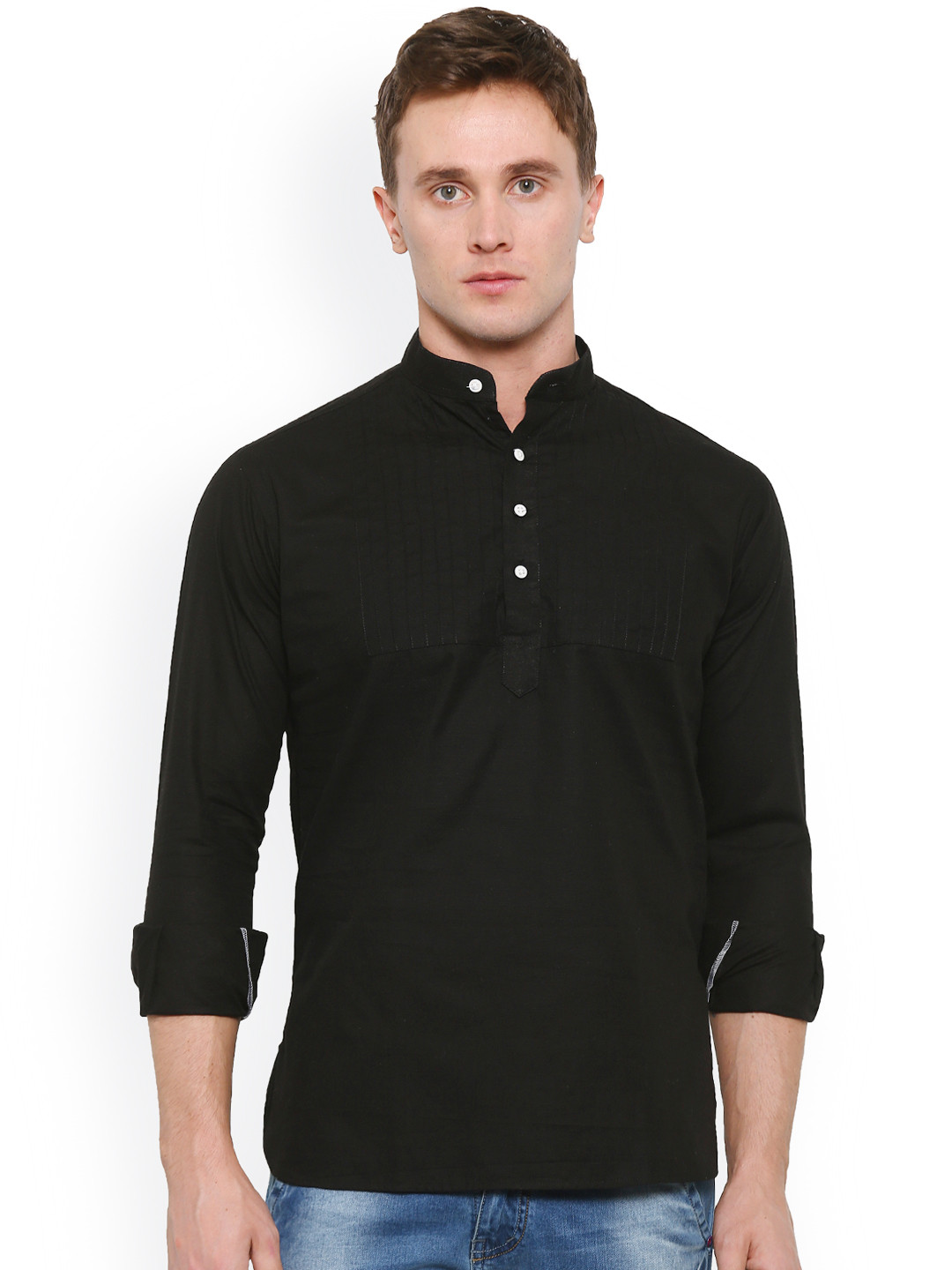 

Shaftesbury London Men Black Solid Linen Straight Kurta