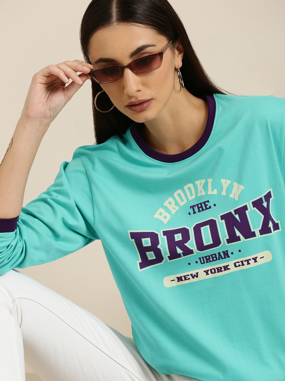 

DILLINGER Women Turquoise Blue Typography Printed Pure Cotton Oversized T-shirt