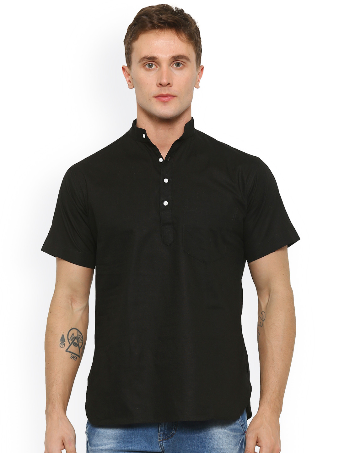 

Shaftesbury London Men Black Solid Linen Straight Kurta