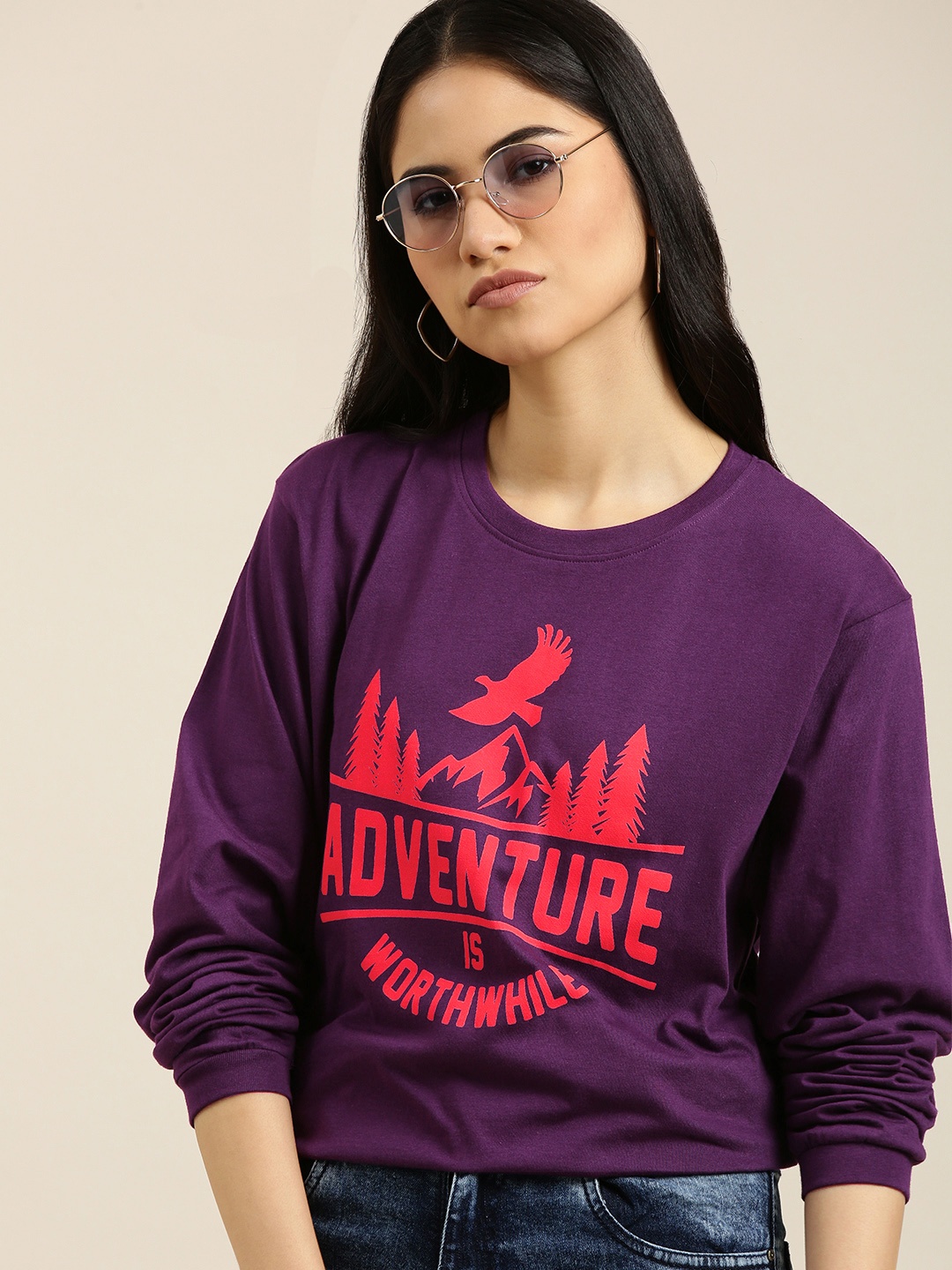 

DILLINGER Women Purple & Orange Pure Cotton Typography Printed Oversized T-shirt