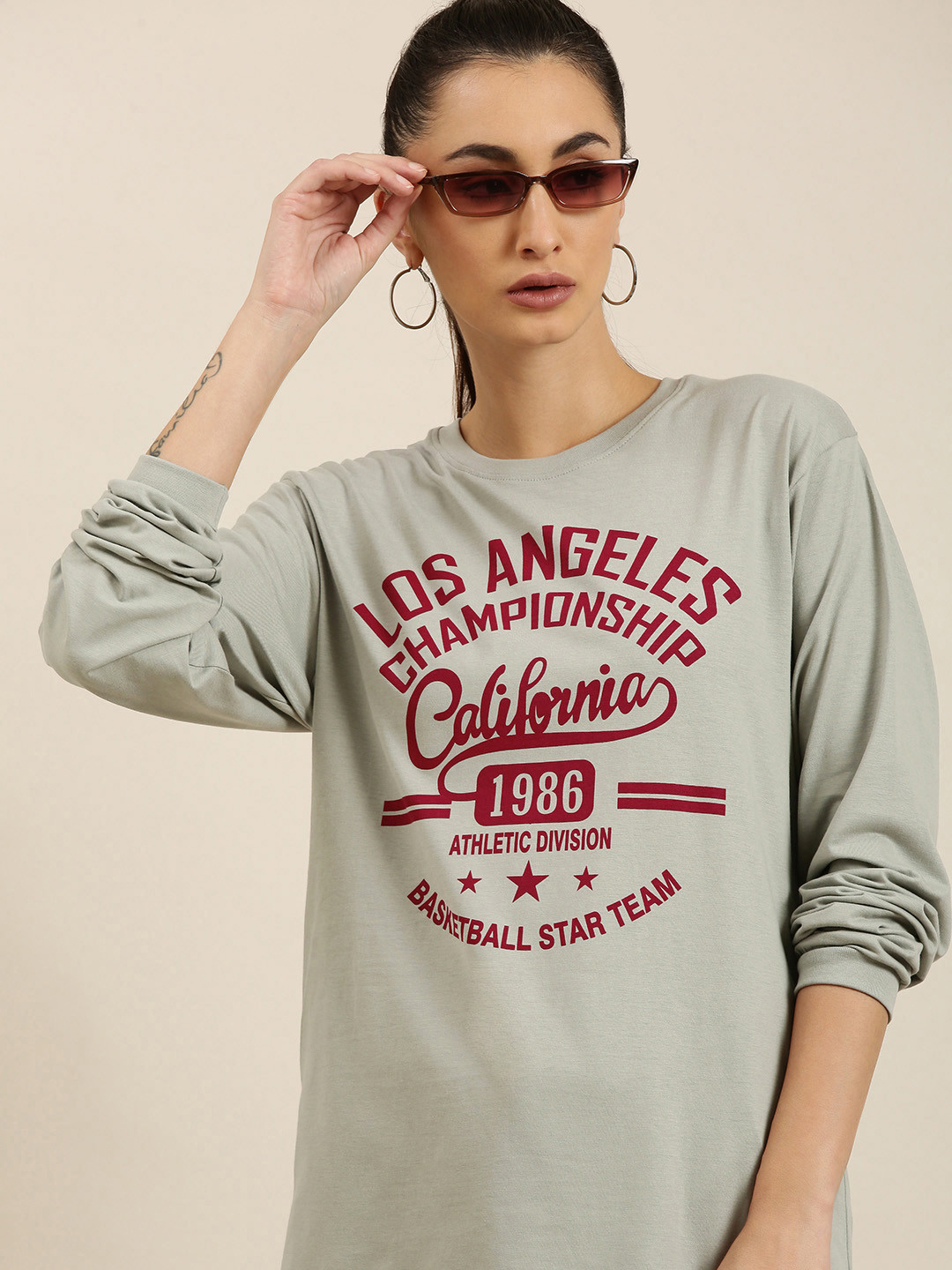 

DILLINGER Women Grey Printed Pure Cotton Oversized T-shirt