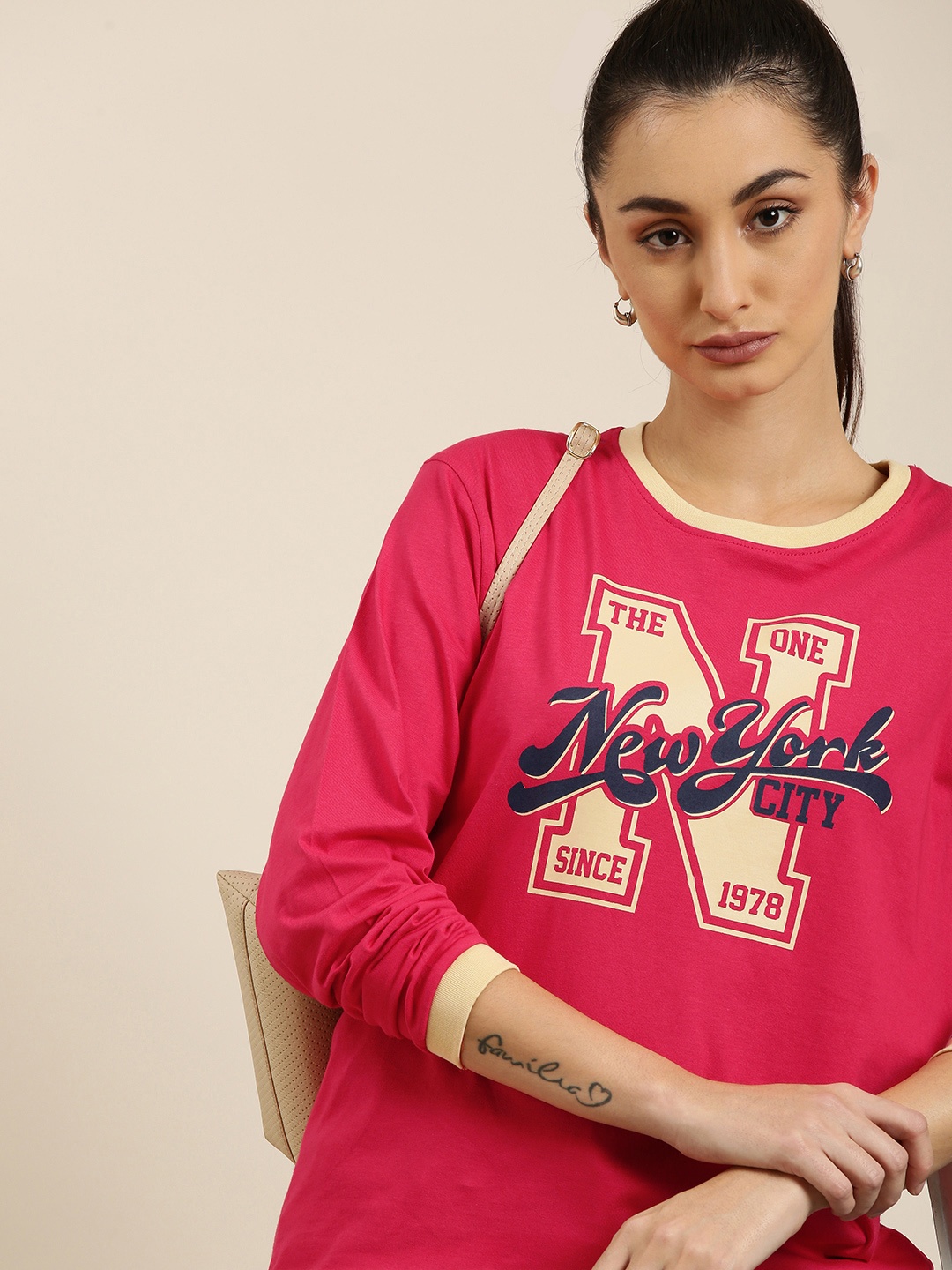 

DILLINGER Women Pink Printed Pure Cotton Oversized T-shirt