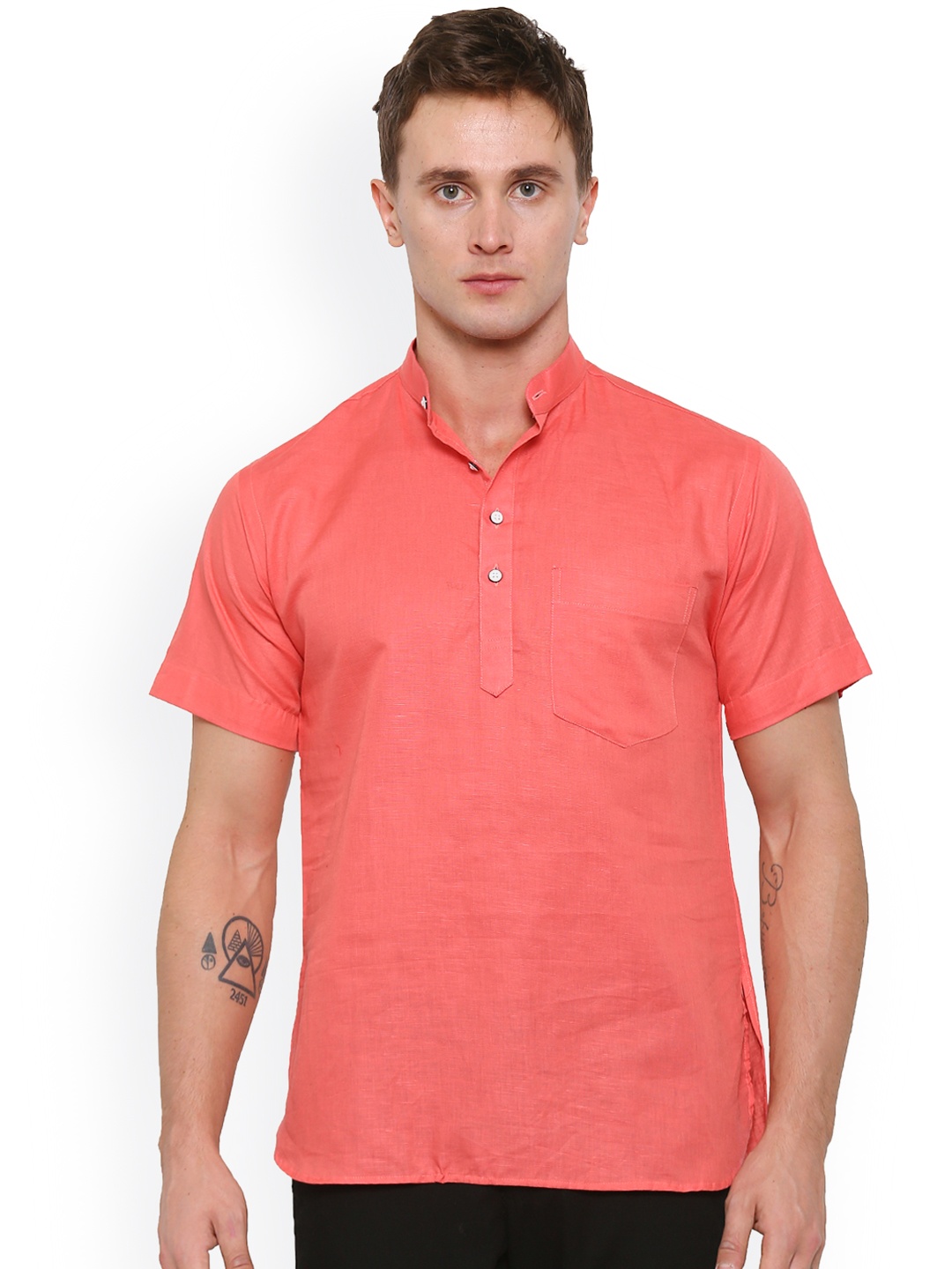 

Shaftesbury London Men Orange Solid Linen Straight Kurta