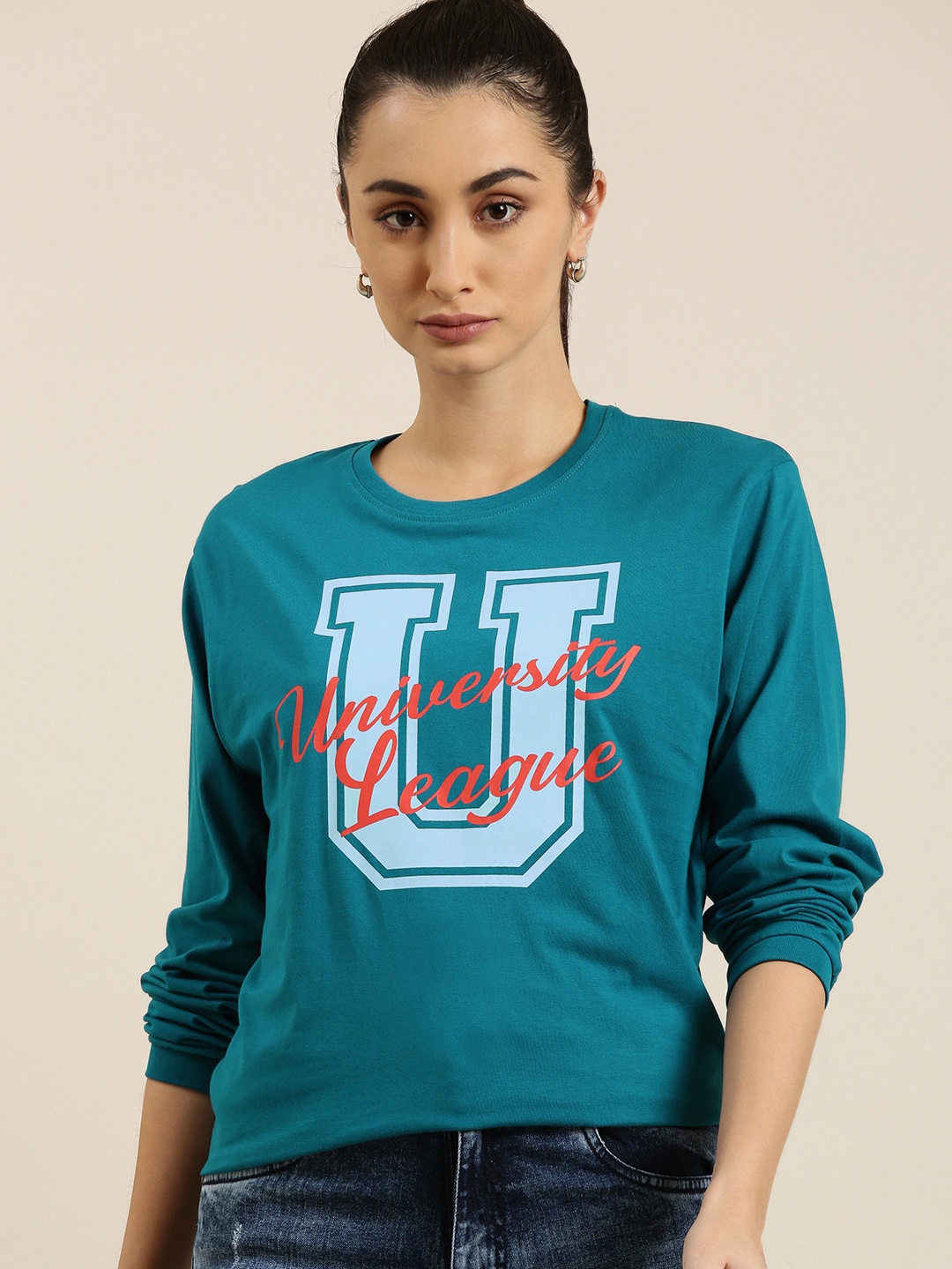 

DILLINGER Women Blue Typography Printed Pure Cotton Oversized T-shirt