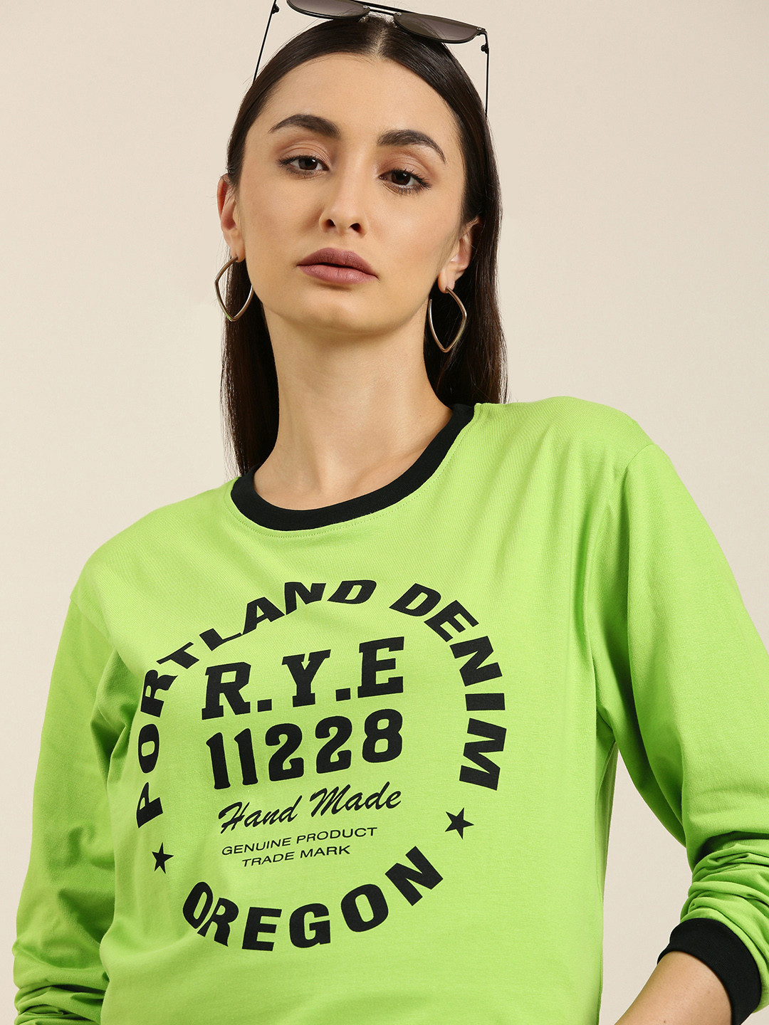 

DILLINGER Women Green Typography Printed Pure Cotton Oversized T-shirt