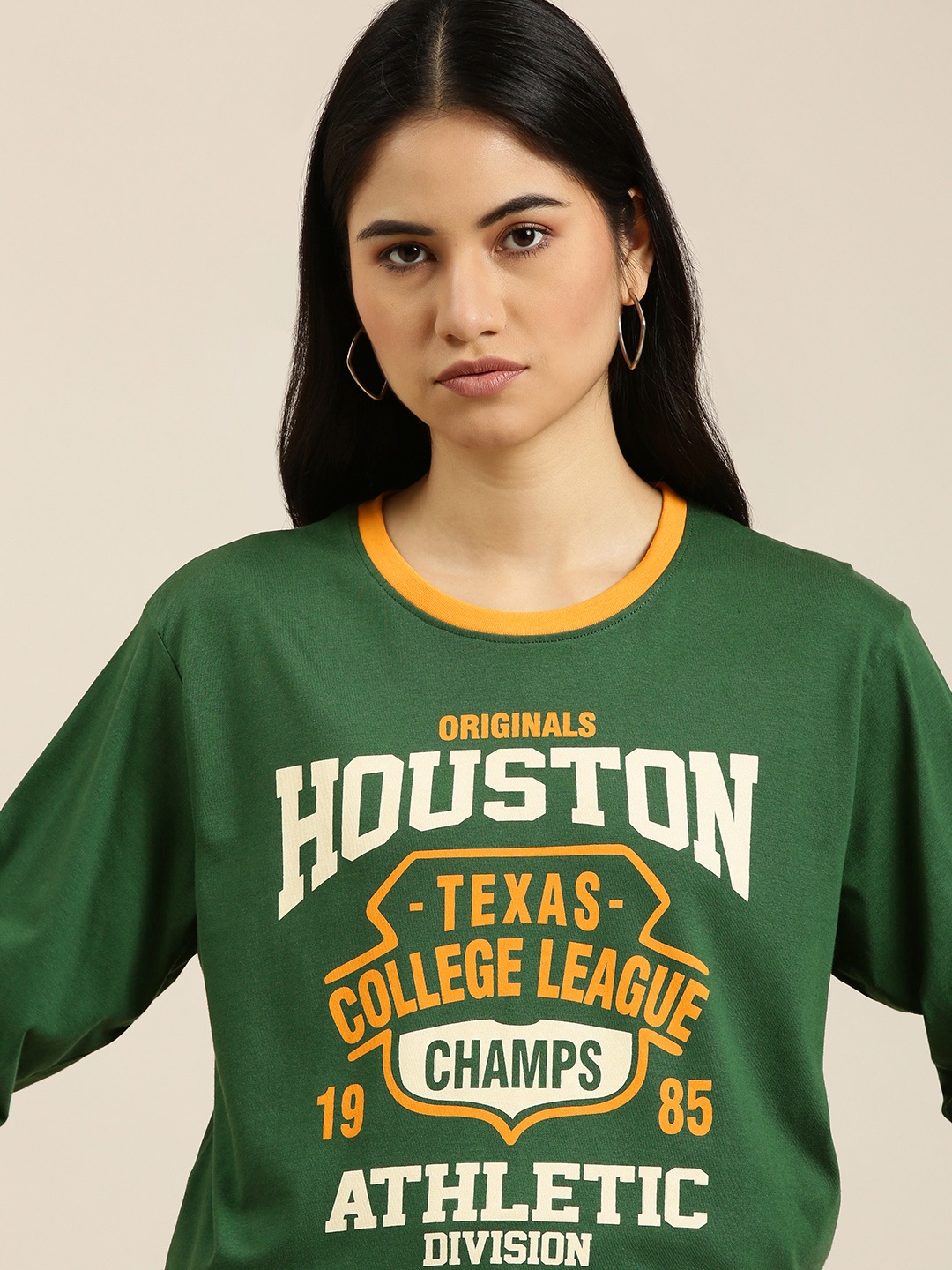

DILLINGER Women Green & White Pure Cotton Printed Oversized T-shirt