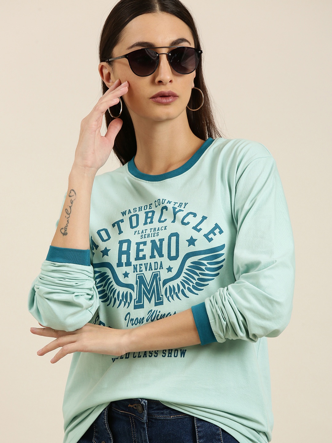 

DILLINGER Women Blue Typography Printed Pure Cotton Oversized T-shirt