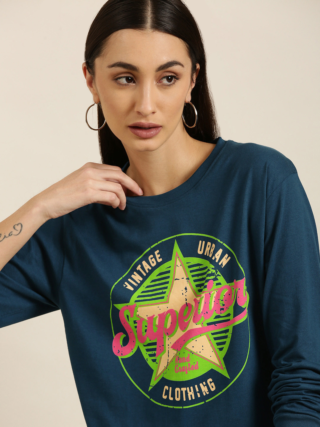 

DILLINGER Women Teal Blue Typography Printed Pure Cotton Oversized T-shirt
