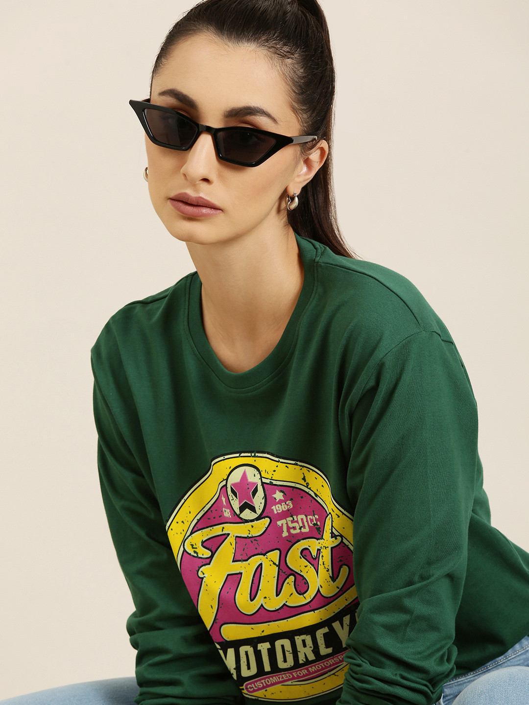 

DILLINGER Women Green Typography Printed Pure Cotton Oversized T-shirt