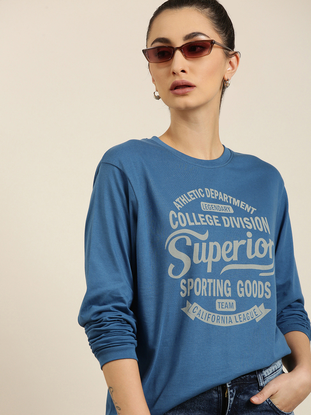 

DILLINGER Women Blue Typography Printed Pure Cotton Oversized T-shirt