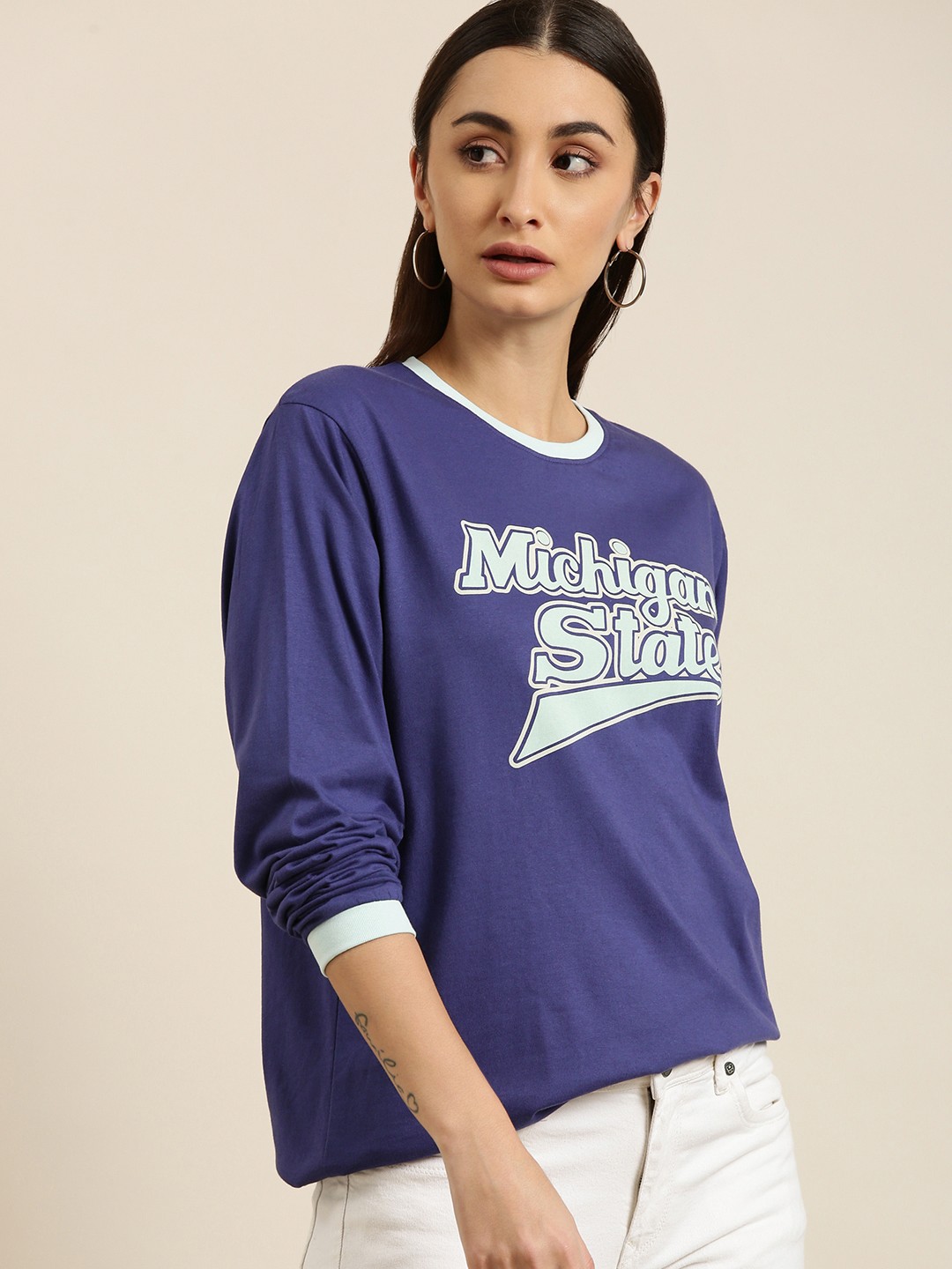 

DILLINGER Women Navy Blue Printed Pure Cotton Oversized T-shirt