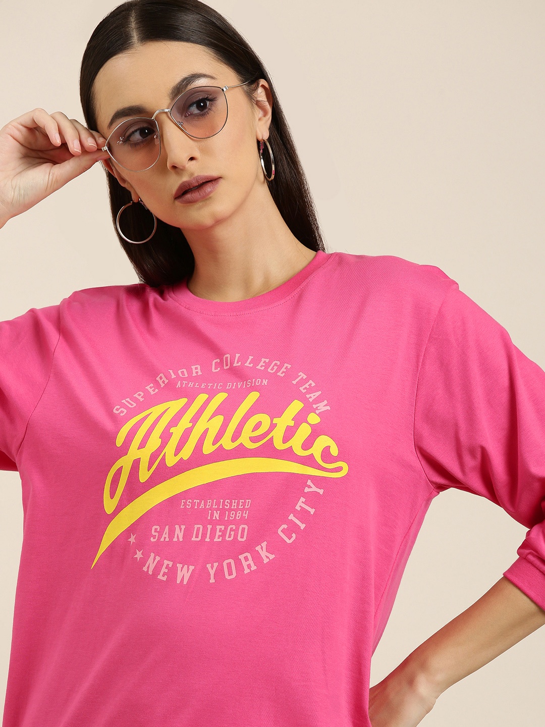 

DILLINGER Women Pink Typography Printed Pure Cotton Oversized T-shirt