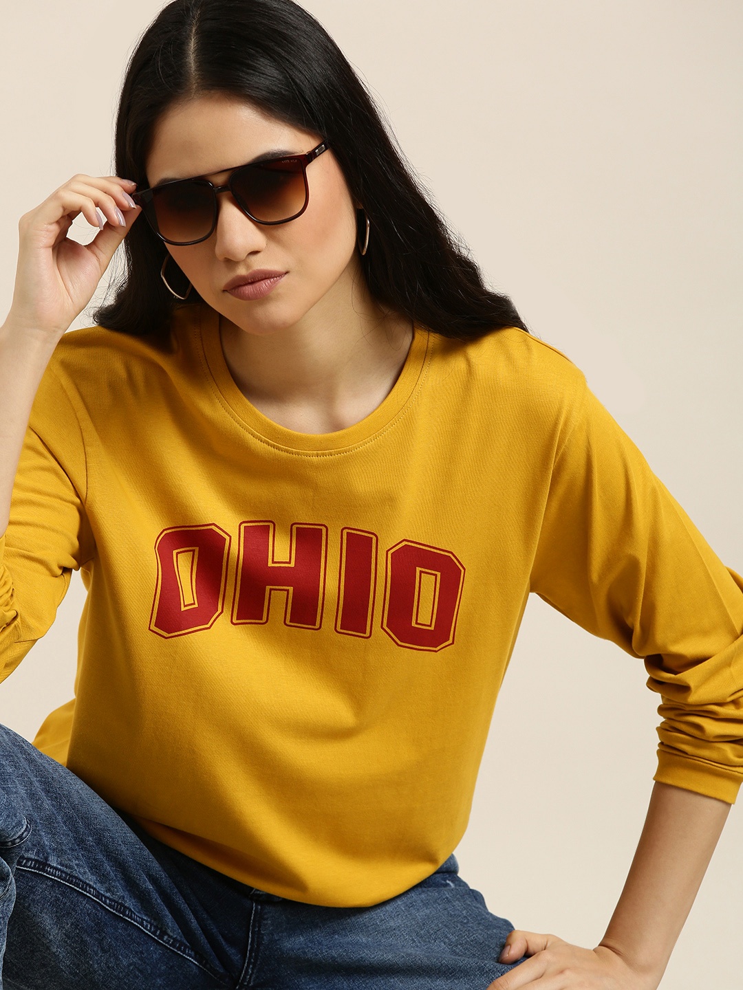 

DILLINGER Women Mustard Yellow & Red Pure Cotton Printed Oversized T-shirt