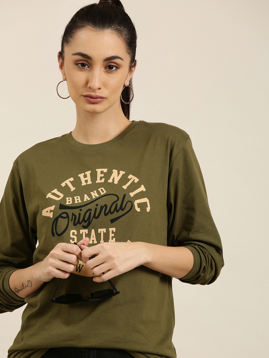 

DILLINGER Women Olive Green Typography Printed Pure Cotton Oversized T-shirt