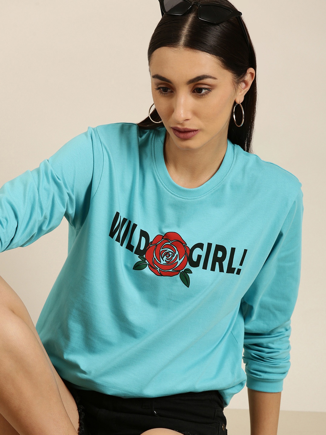 

DILLINGER Women Blue Typography Printed Pure Cotton Oversized T-shirt
