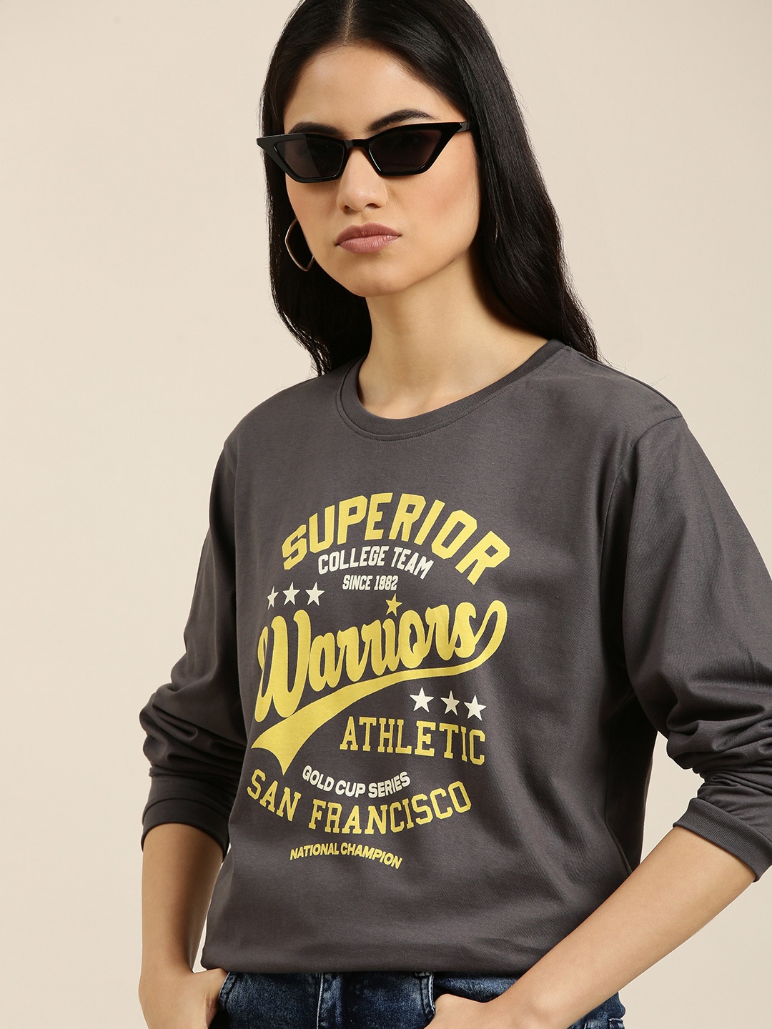 

DILLINGER Women Grey & Yellow Pure Cotton Typography Printed Oversized T-shirt