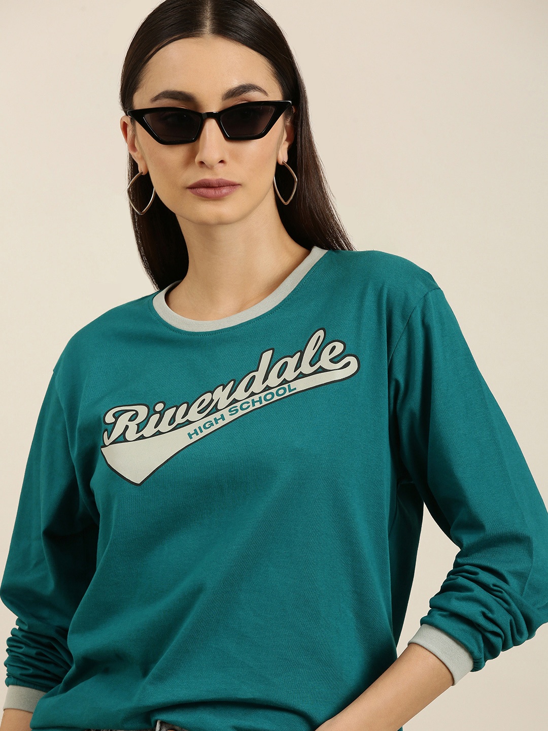 

DILLINGER Women Teal Green Typography Printed Pure Cotton Oversized T-shirt