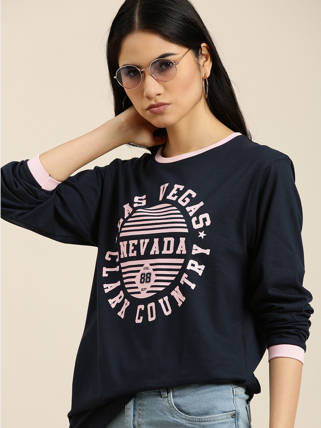 

DILLINGER Women Navy Blue & Off White Pure Cotton Printed Oversized T-shirt