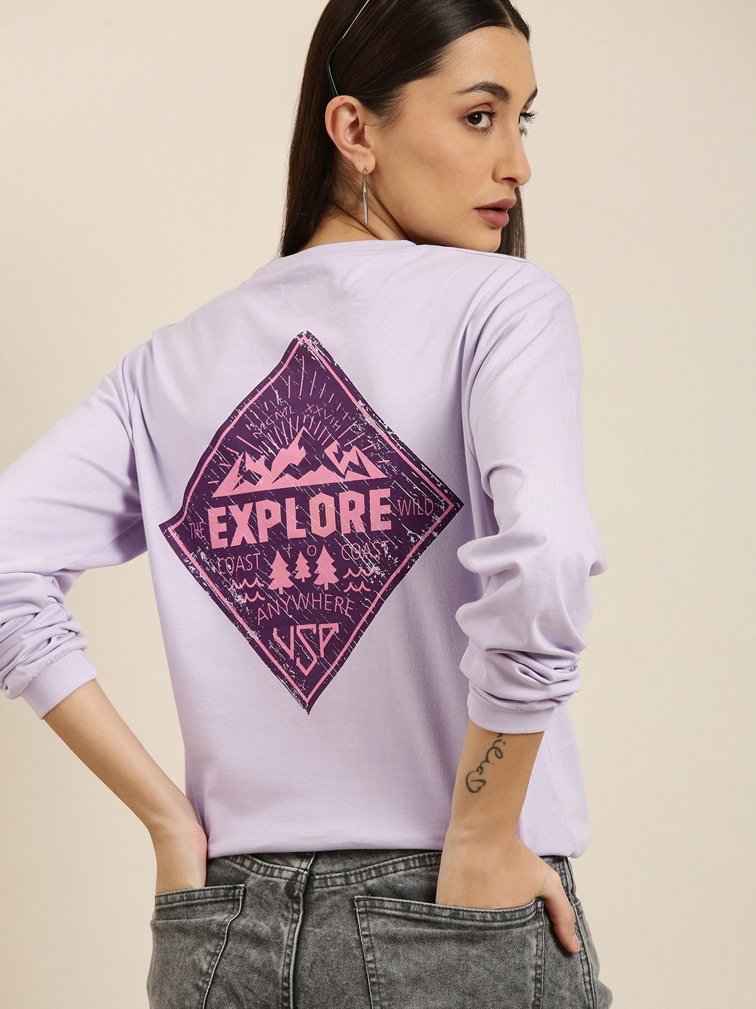 

DILLINGER Women Lavender Typography Printed Pure Cotton Oversized T-shirt