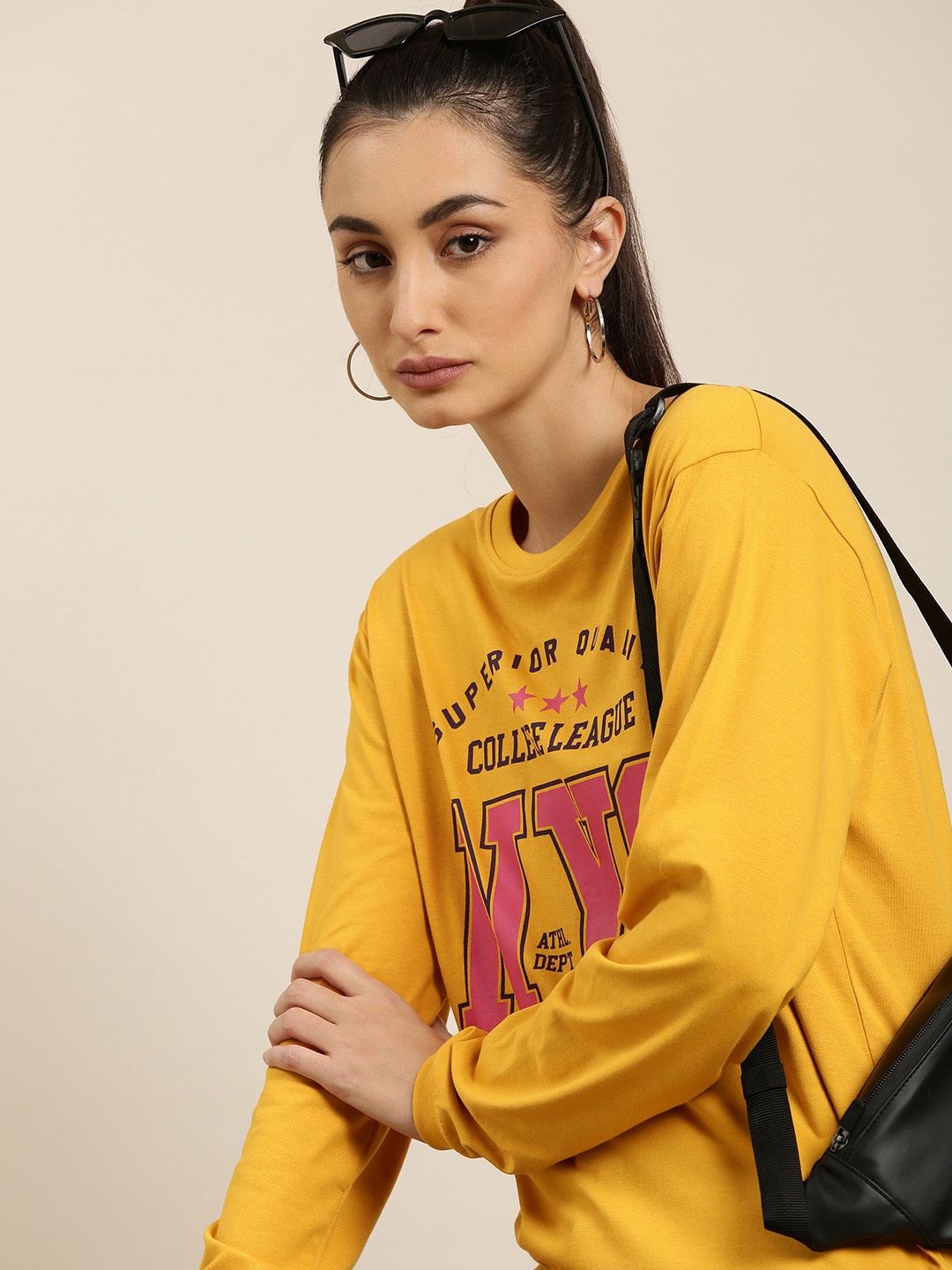 

DILLINGER Women Mustard Yellow Typography Printed Pure Cotton Oversized T-shirt