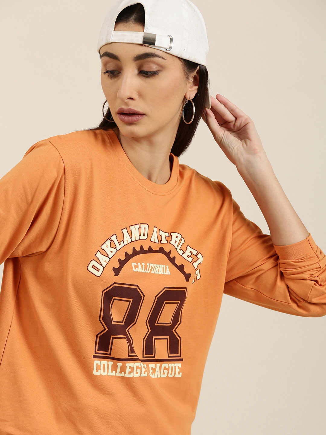 

DILLINGER Women Peach-Coloured Varsity Printed Pure Cotton Oversized T-shirt