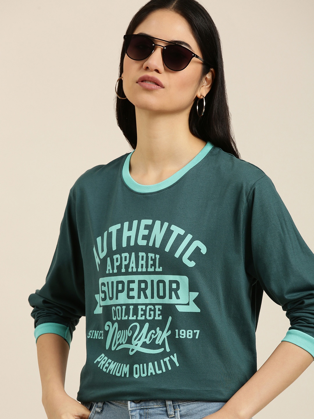 

DILLINGER Women Green Printed Pure Cotton Oversized T-shirt