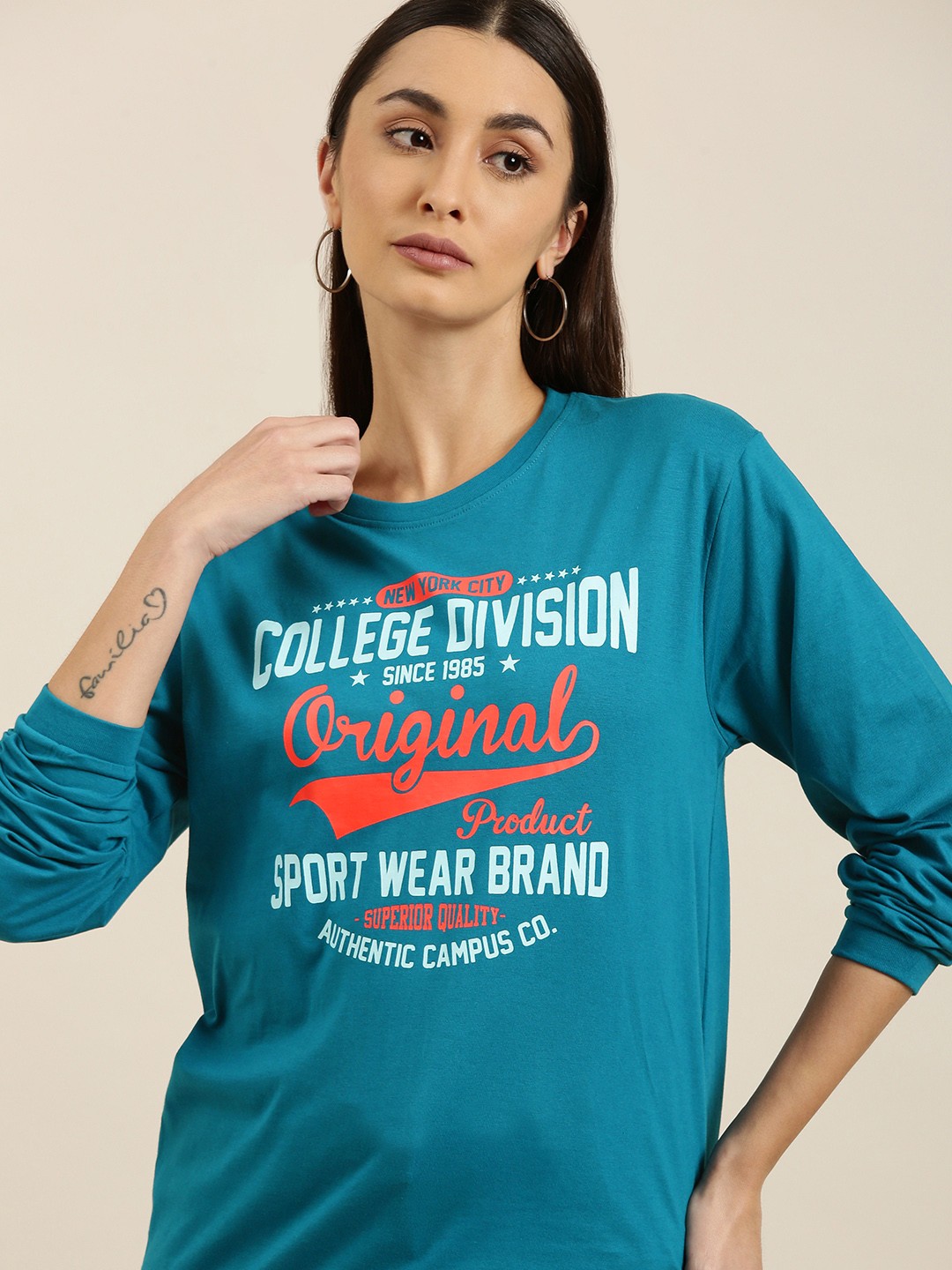 

DILLINGER Women Blue & White Typography Printed Oversized T-shirt