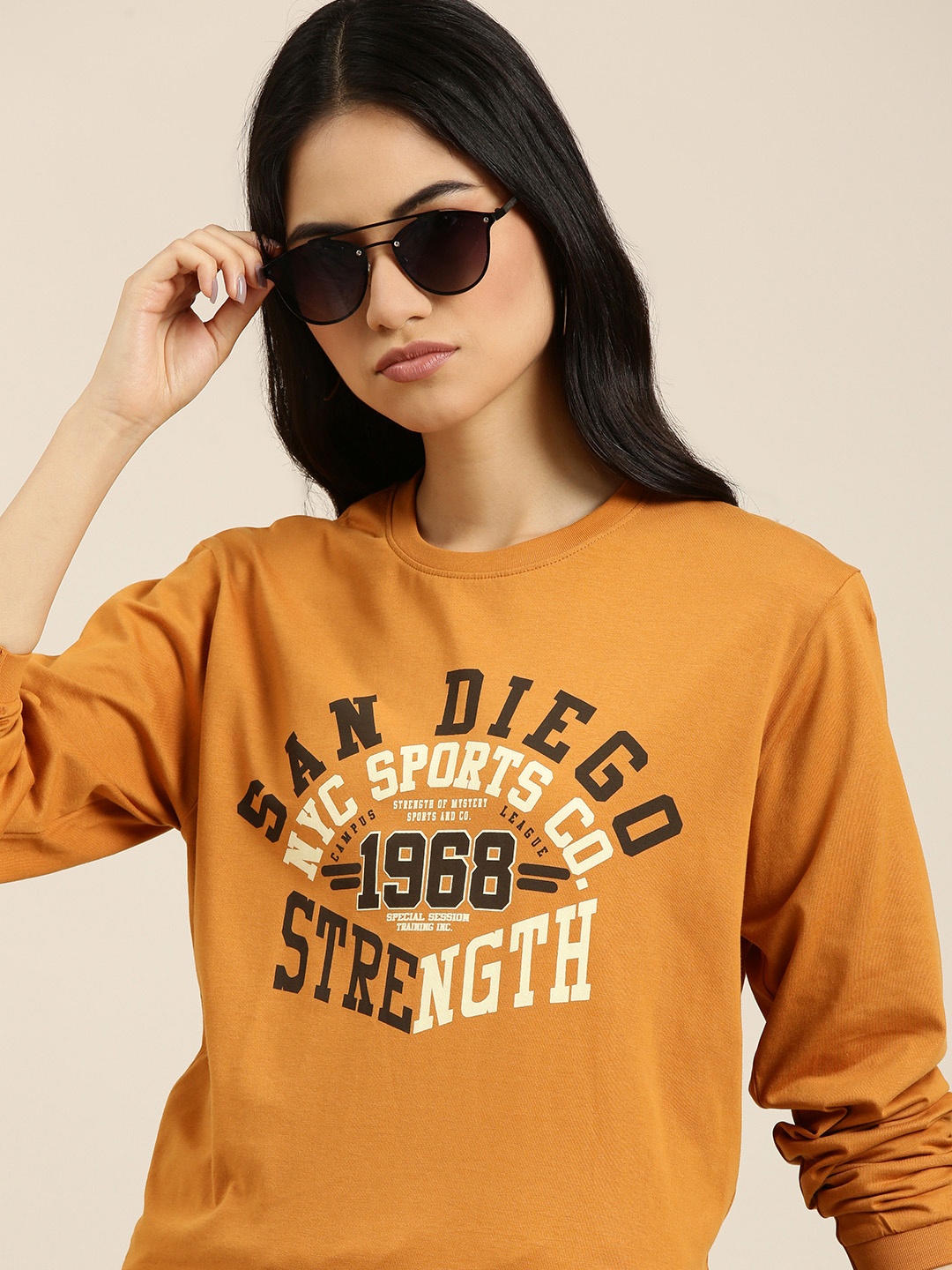 

DILLINGER Women Mustard Yellow & White Pure Cotton Printed Oversized T-shirt