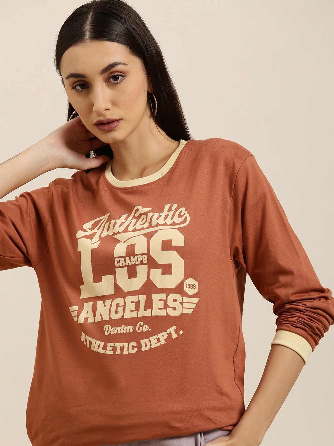 

DILLINGER Women Rust Brown Typography Printed Pure Cotton Oversized T-shirt