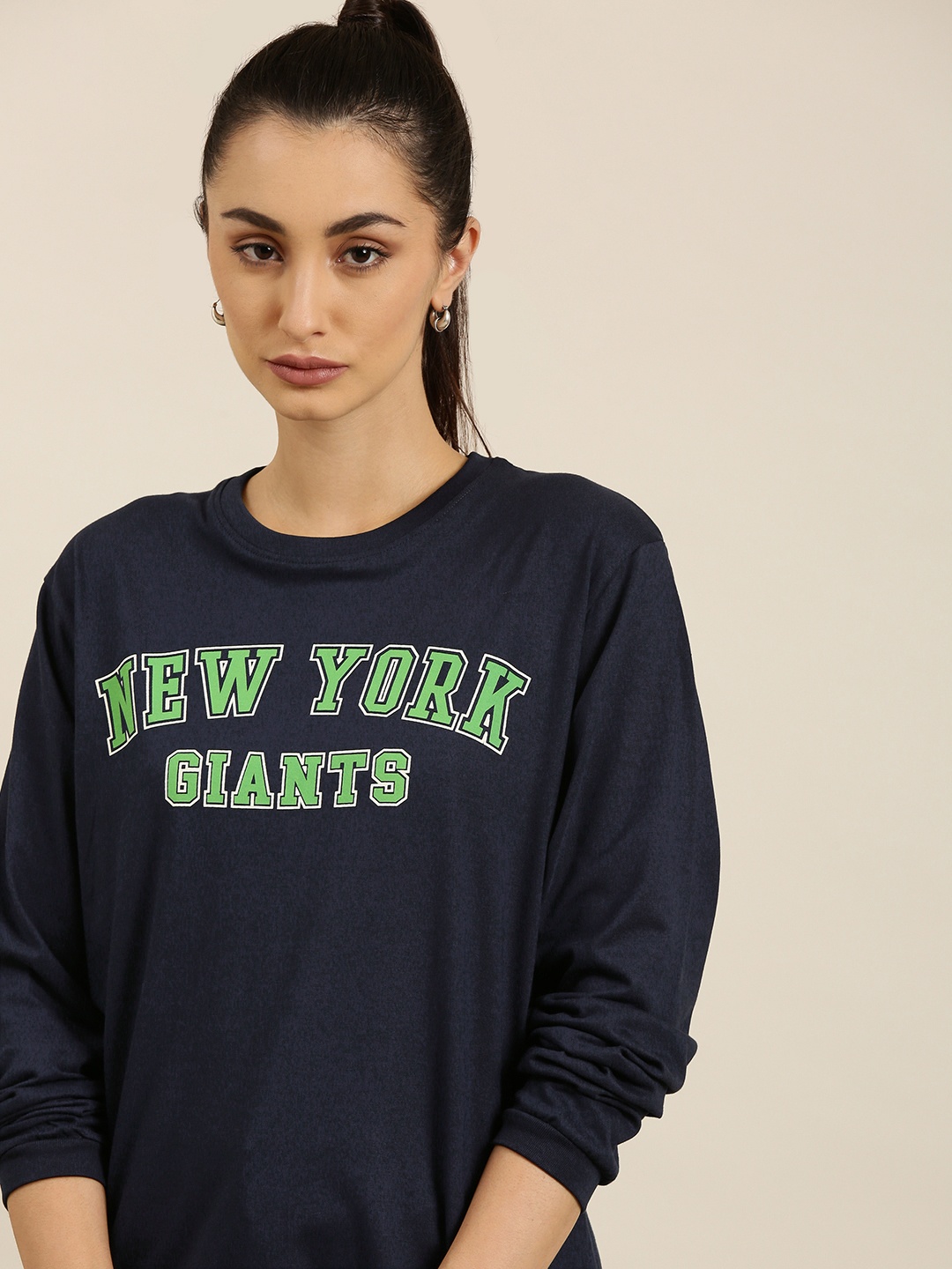 

DILLINGER Women Navy Blue Typography Printed Pure Cotton Oversized T-shirt