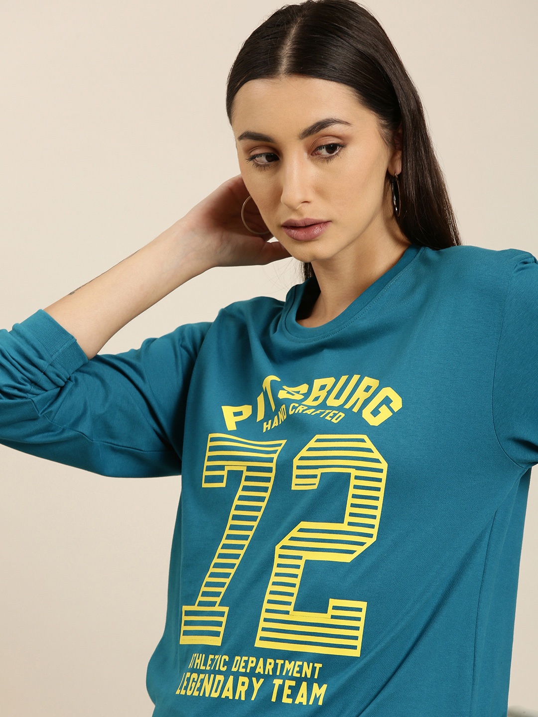 

DILLINGER Women Teal Blue Varsity Printed Pure Cotton Oversized T-shirt