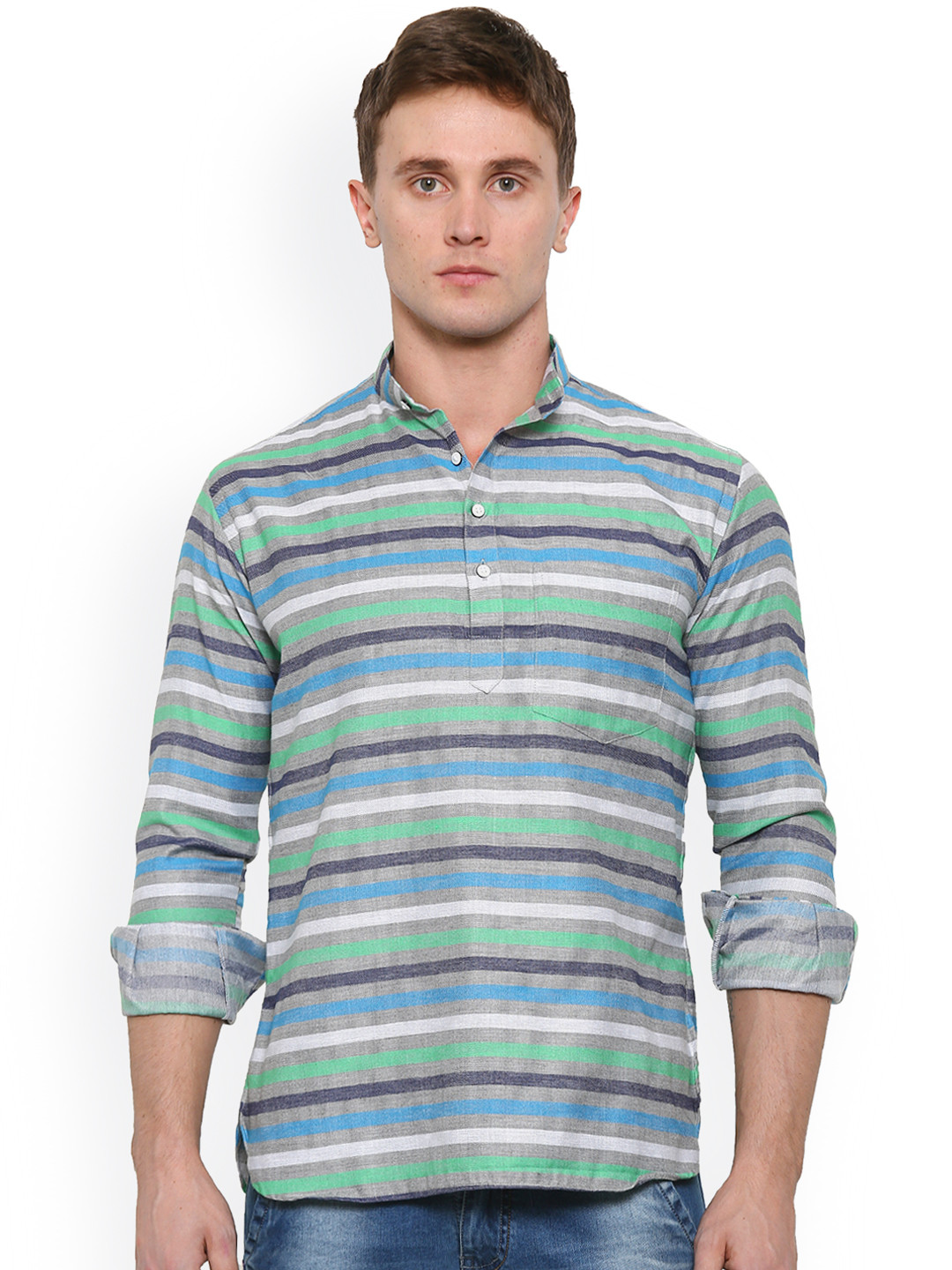 

Shaftesbury London Men Grey & Blue Striped Straight Kurta