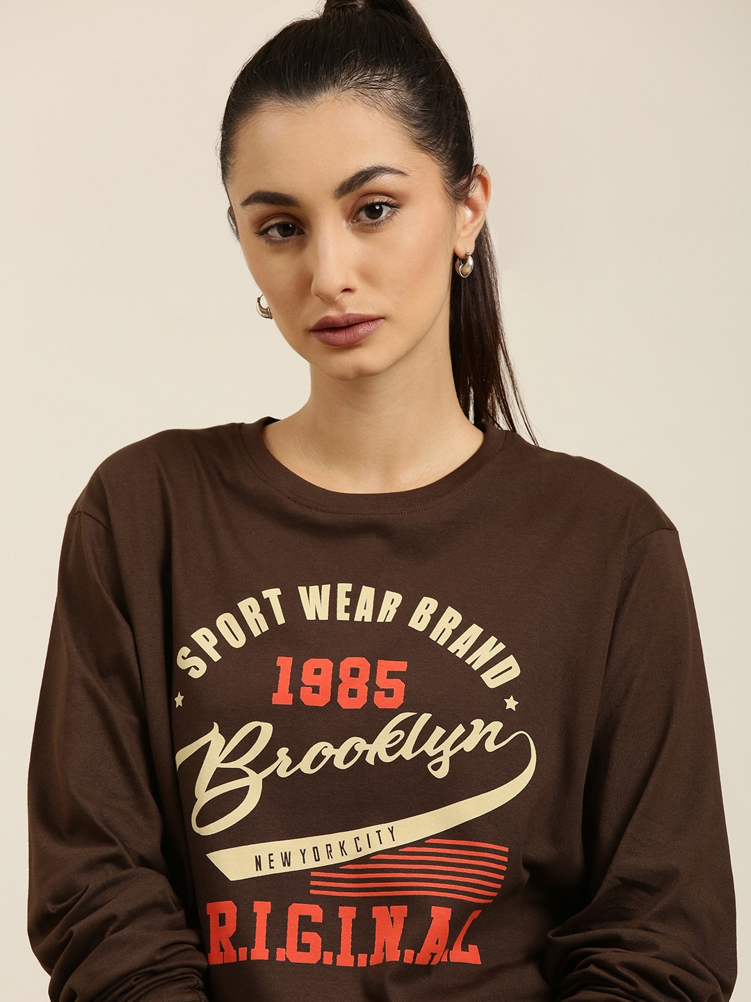 

DILLINGER Women Brown Varsity Printed Oversized T-shirt