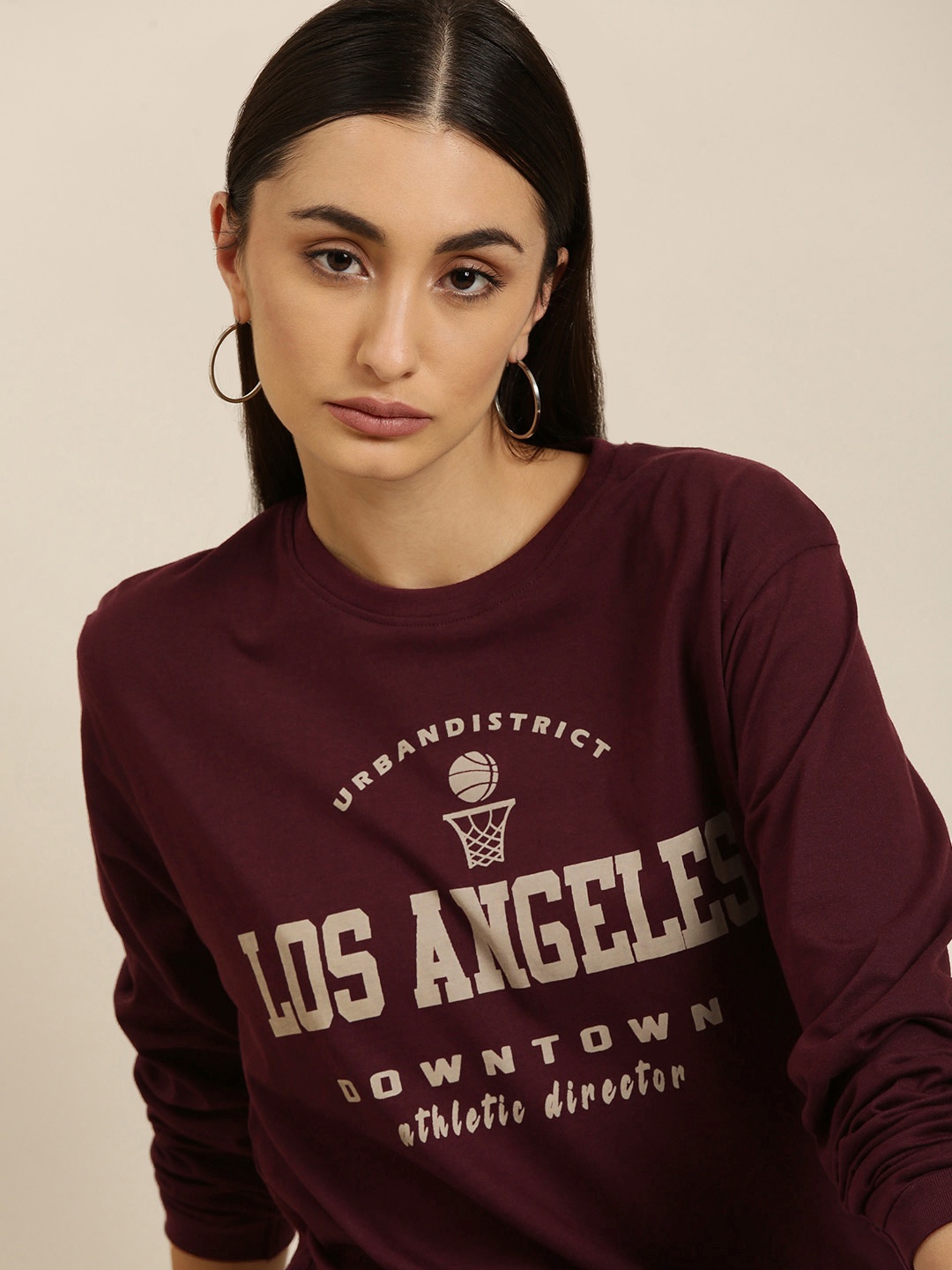 

DILLINGER Women Maroon Printed Pure Cotton Oversized T-shirt