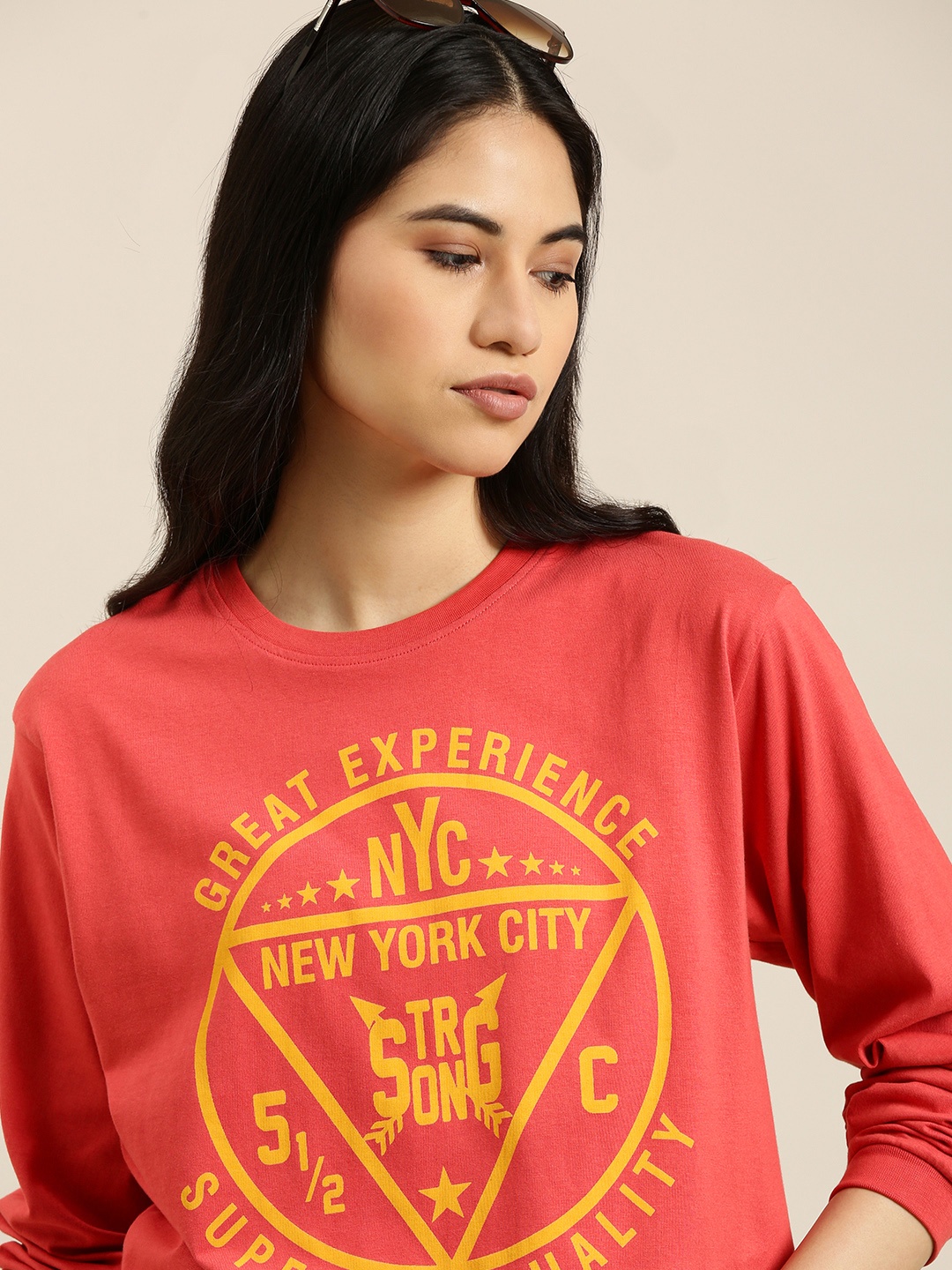 

DILLINGER Women Orange & Yellow Pure Cotton Printed Oversized T-shirt